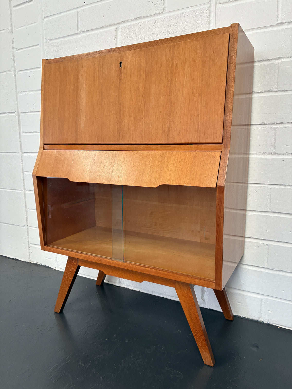 Vintage Mid-Century Bureau Writing Desk with Glass Display Cabinet