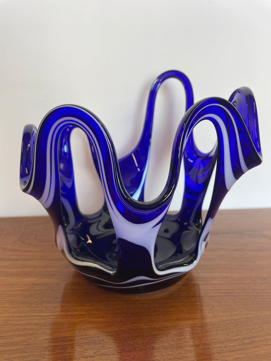 Murano Style Hand-Blown Cobalt Blue Art Glass Bowl – Vintage Freeform Swirl Design