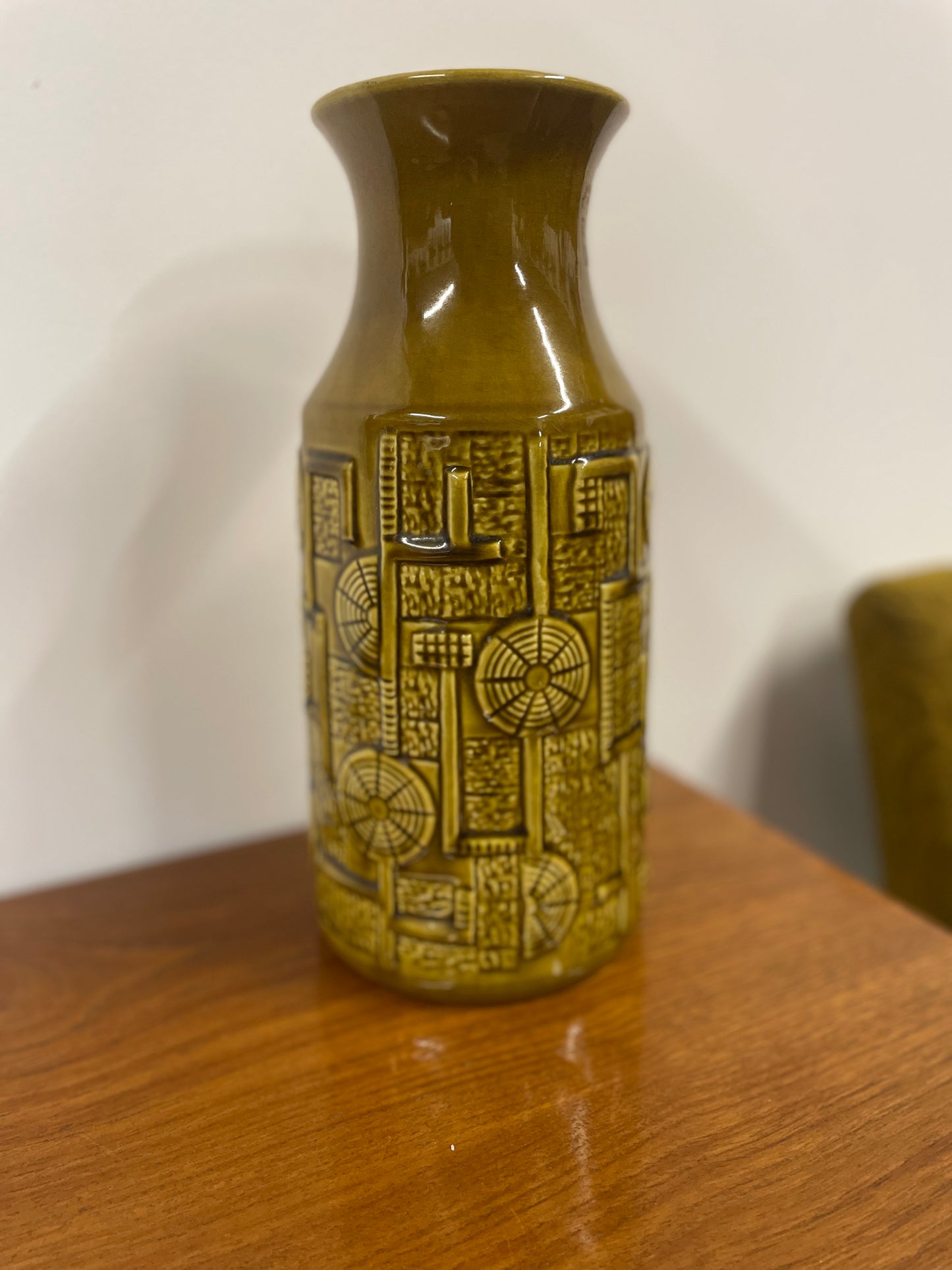 Vintage West German Pottery Vase – Olive Green Geometric Mid-Century Design – 30cm