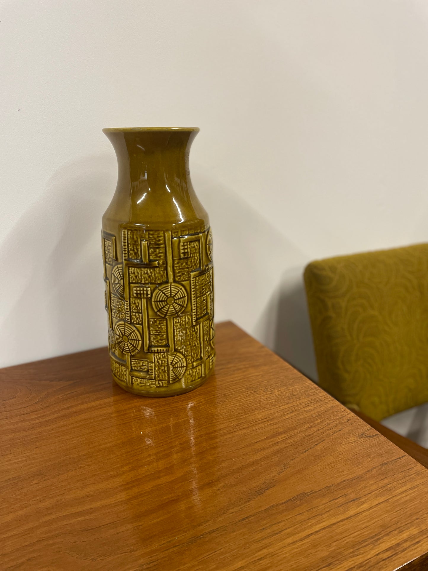 Vintage West German Pottery Vase – Olive Green Geometric Mid-Century Design – 30cm