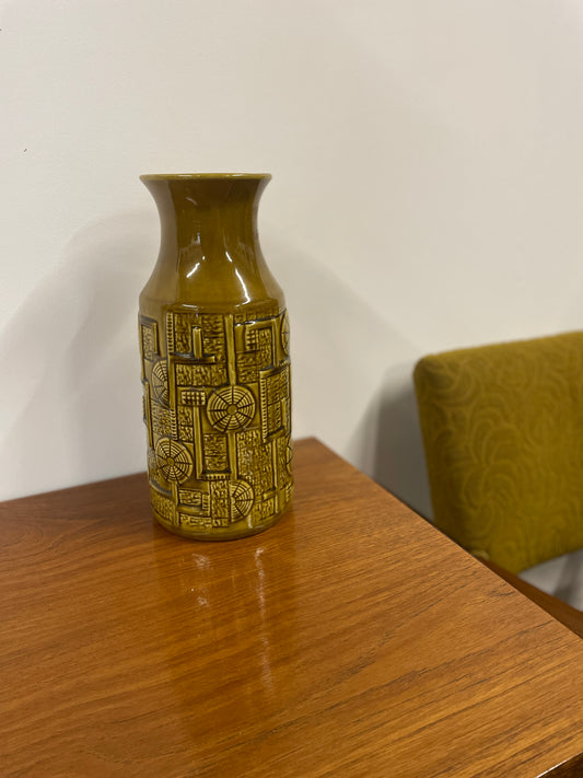Vintage West German Pottery Vase – Olive Green Geometric Mid-Century Design – 30cm