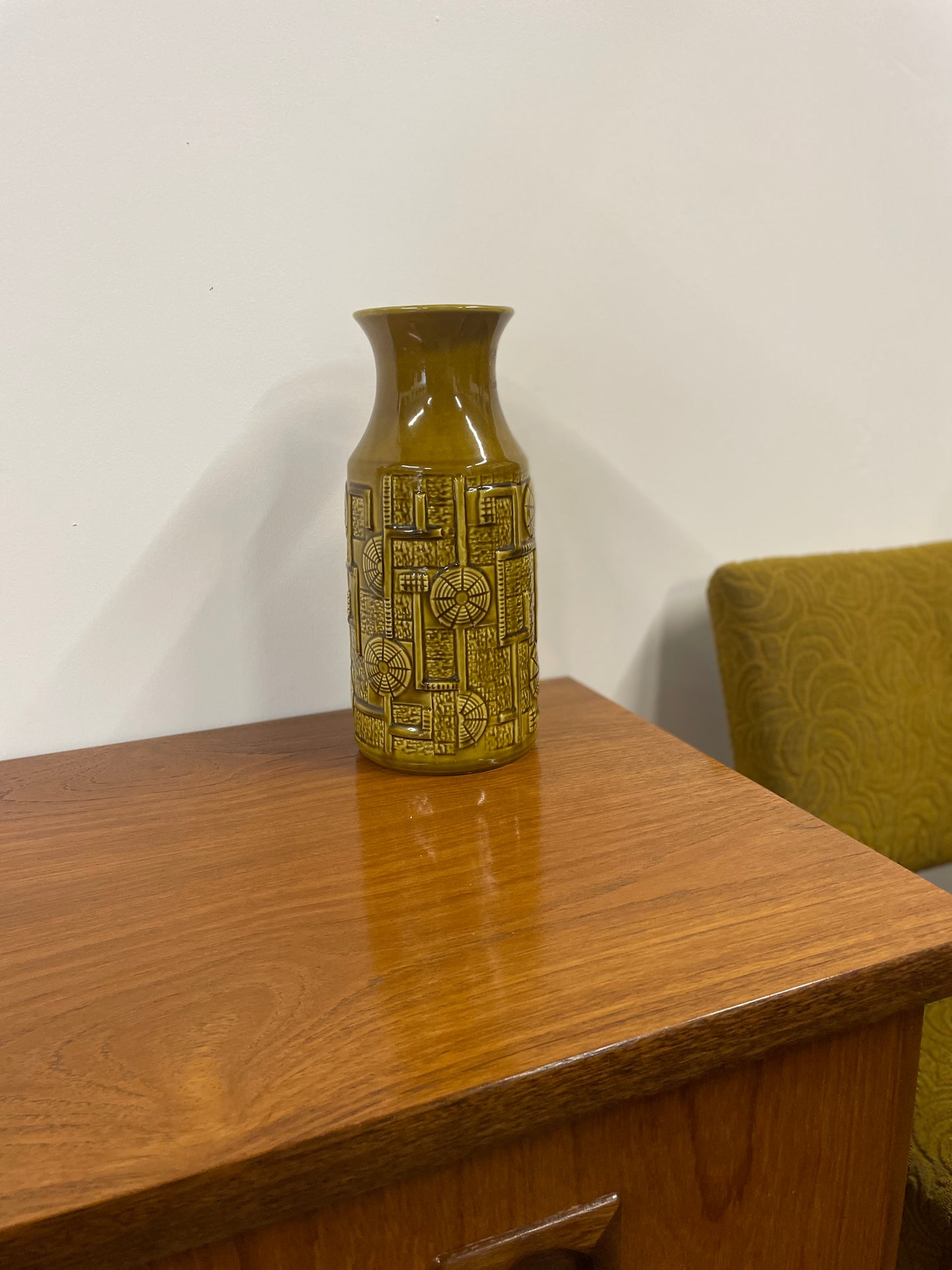Vintage West German Pottery Vase – Olive Green Geometric Mid-Century Design – 30cm