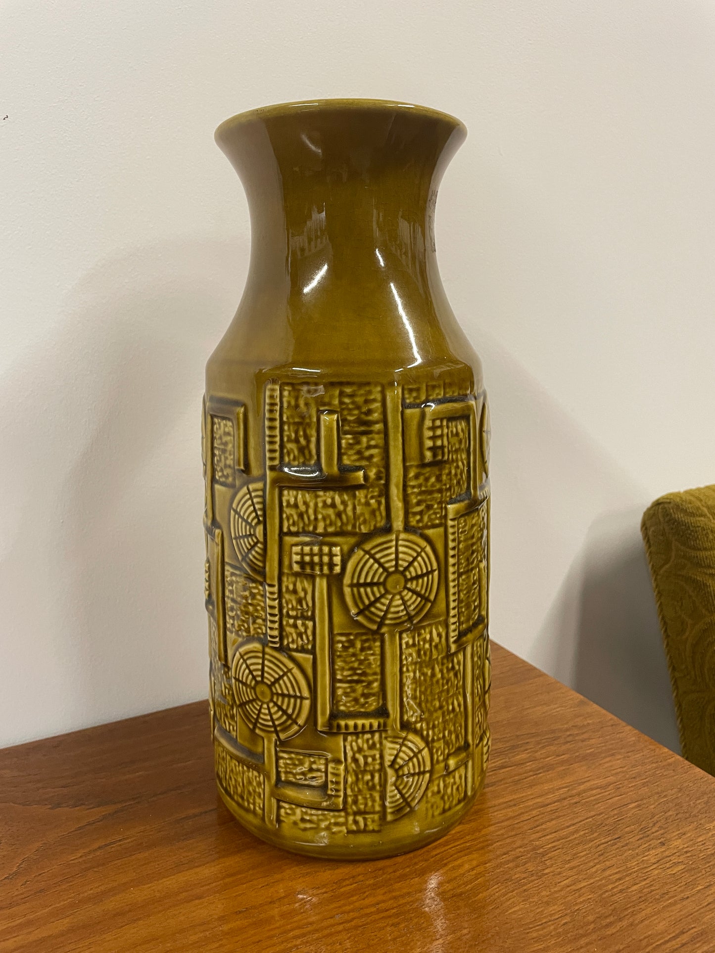 Vintage West German Pottery Vase – Olive Green Geometric Mid-Century Design – 30cm