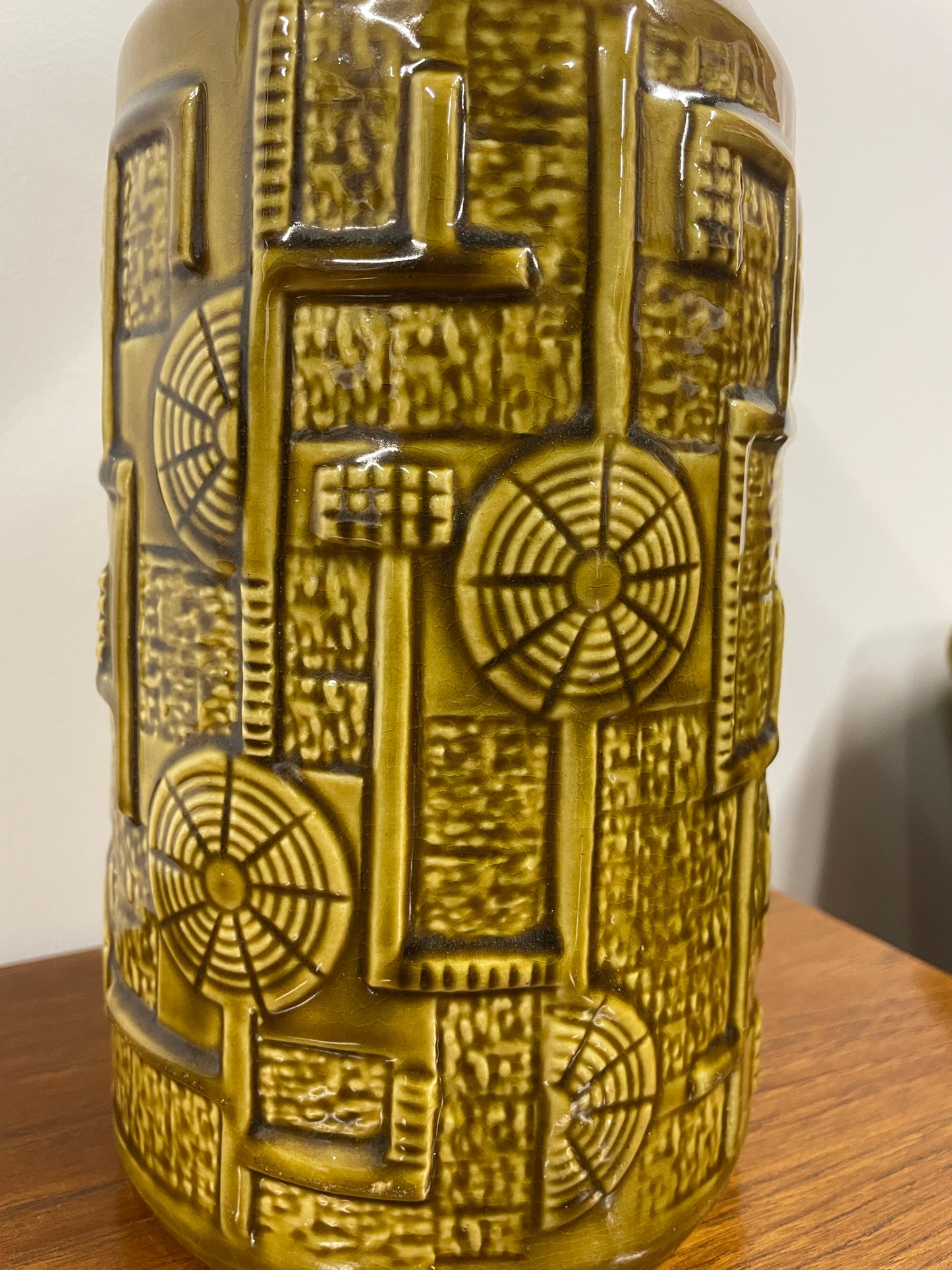 Vintage West German Pottery Vase – Olive Green Geometric Mid-Century Design – 30cm