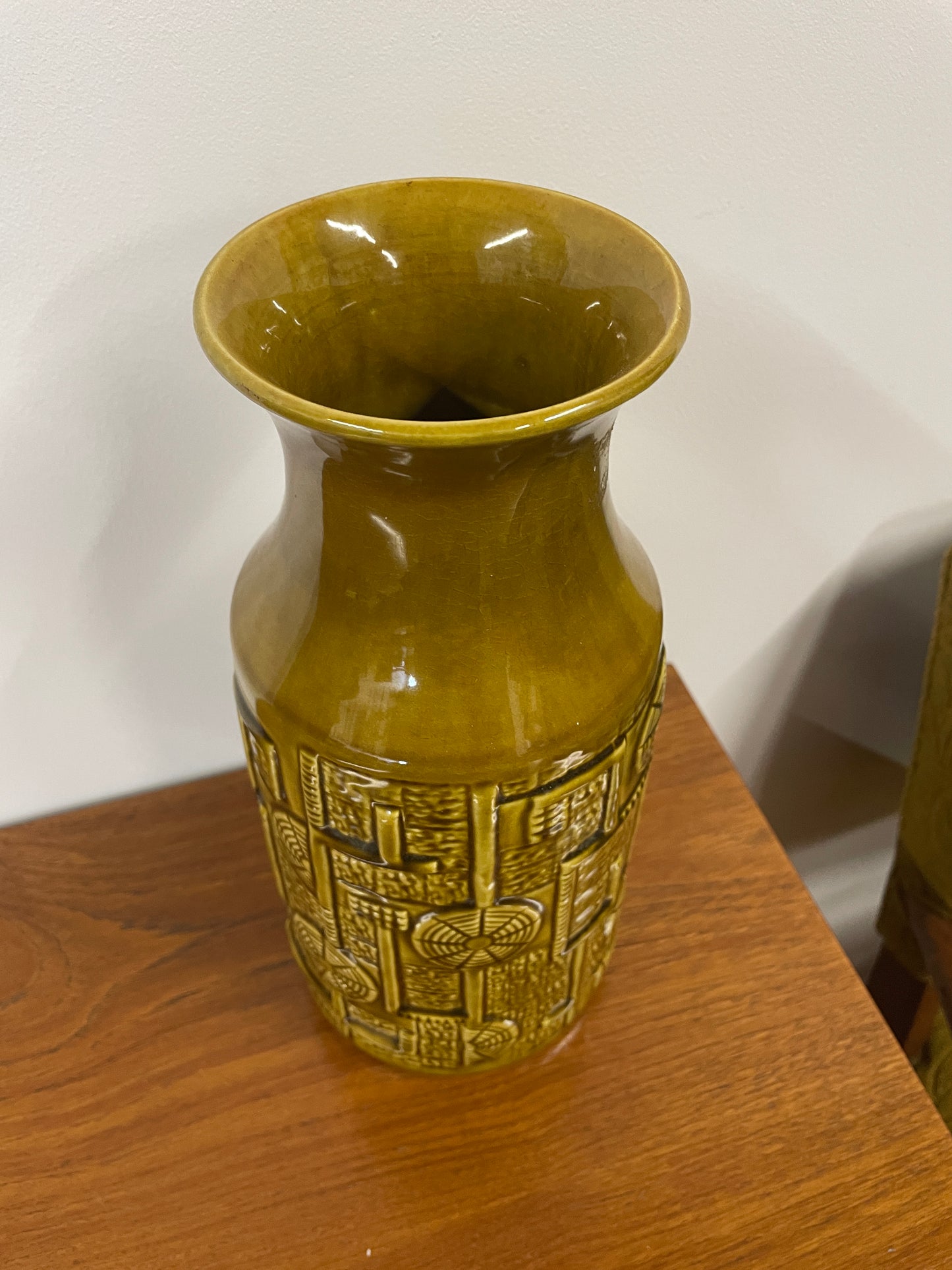 Vintage West German Pottery Vase – Olive Green Geometric Mid-Century Design – 30cm