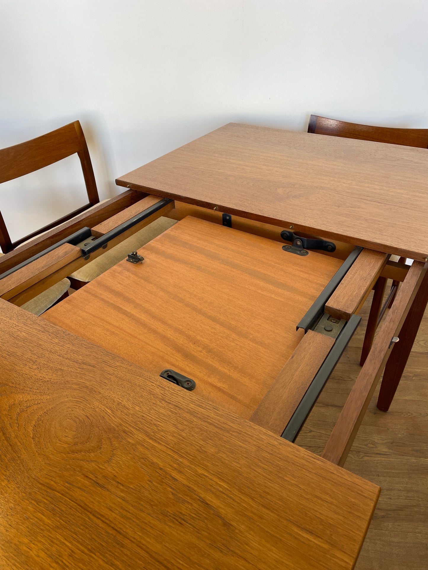 Vintage Mid-Century Teak Extending Dining Table with 6 Chairs – Bath Cabinet Makers (1960s)