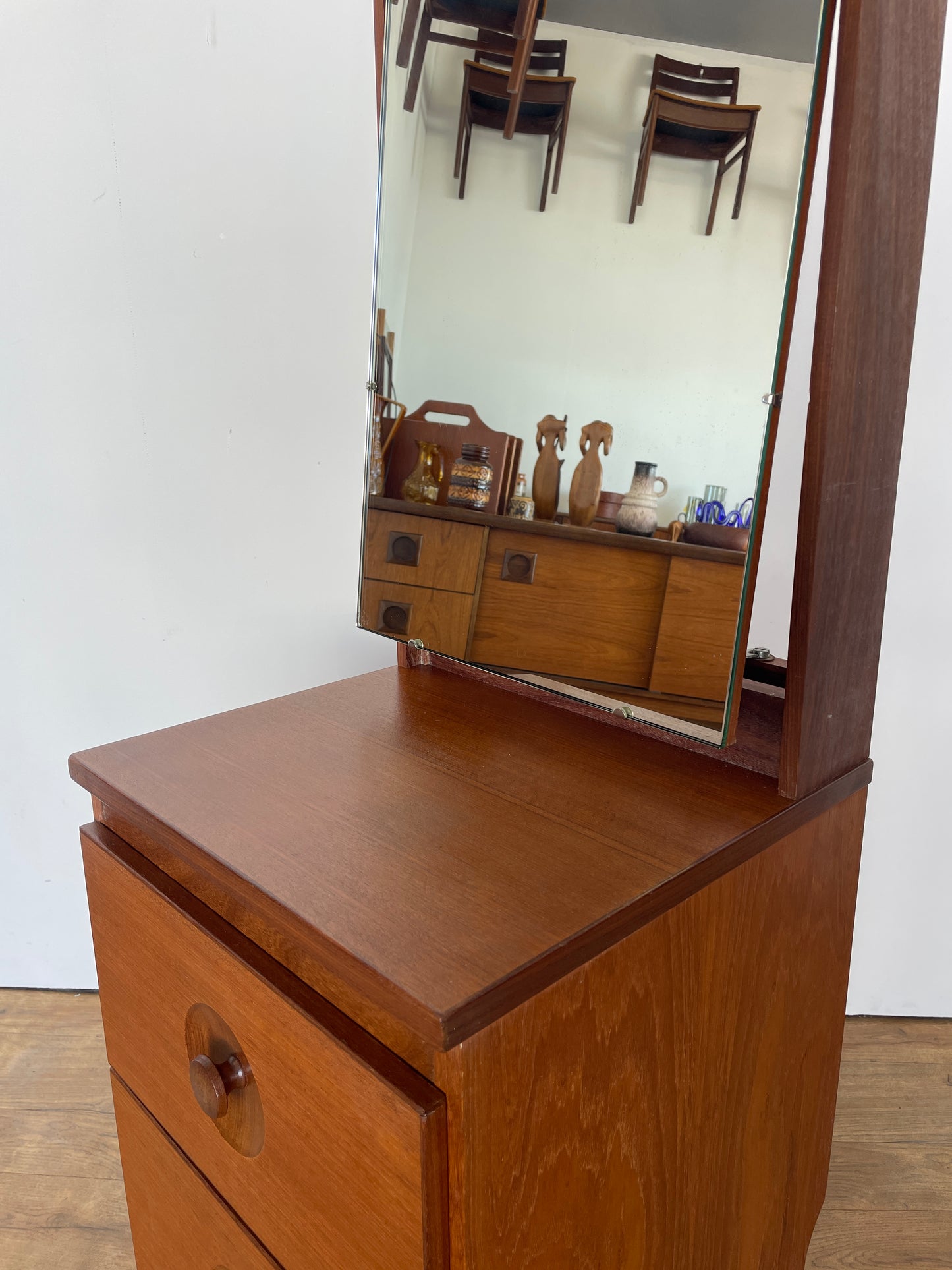 Vintage Meredew Cheval Mirror with Drawers – Mid-Century Modern Teak
