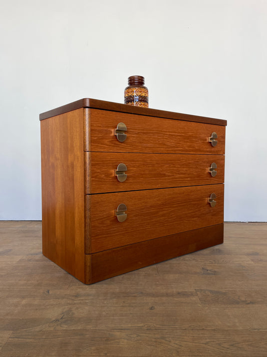 Vintage Stag Chest of Drawers – Mid-Century Modern 3 Drawer Teak Effect Dresser w/ Metal Handles