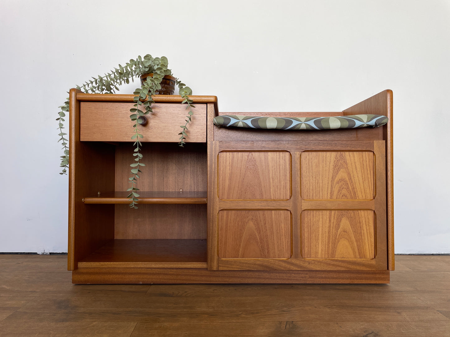 Nathan Mid-Century Teak Telephone Seat with Storage & Retro Cushion