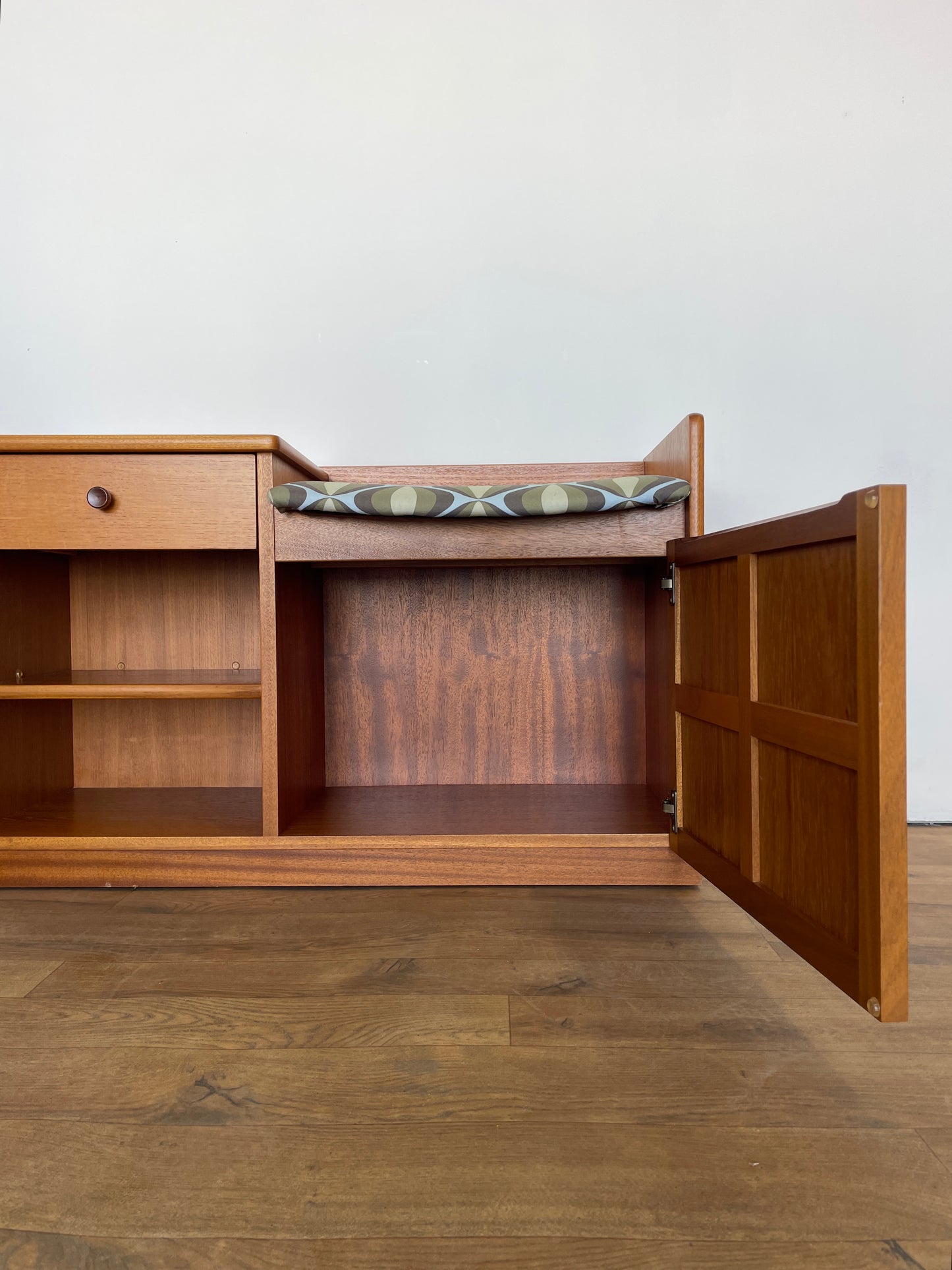 Nathan Mid-Century Teak Telephone Seat with Storage & Retro Cushion