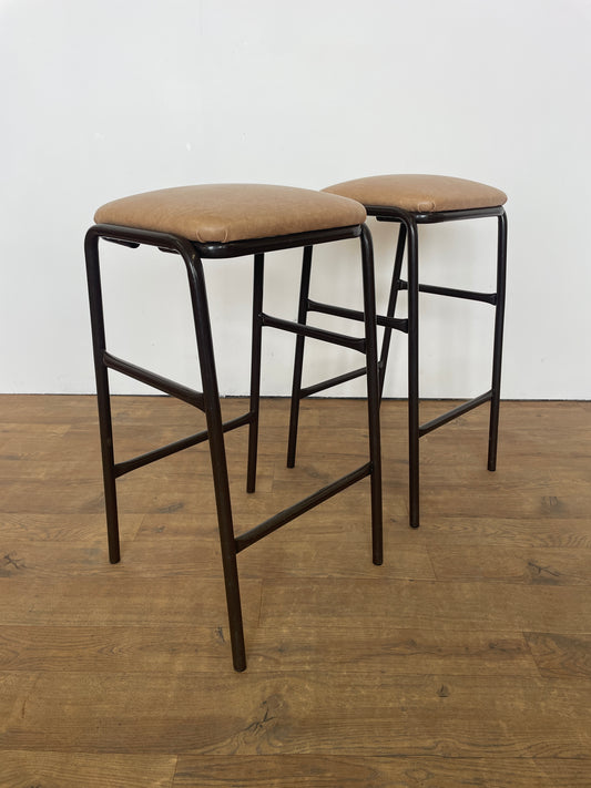 Pair of Mid-Century Dark Brown Metal Kitchen Stools with Upholstered Padded Seats
