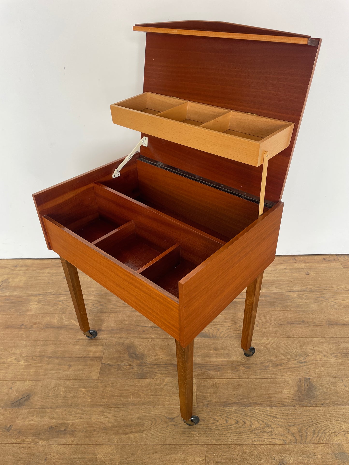 Mid-Century German Wooden Sewing & Craft Box on Wheels