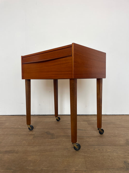 Mid-Century German Wooden Sewing & Craft Box on Wheels