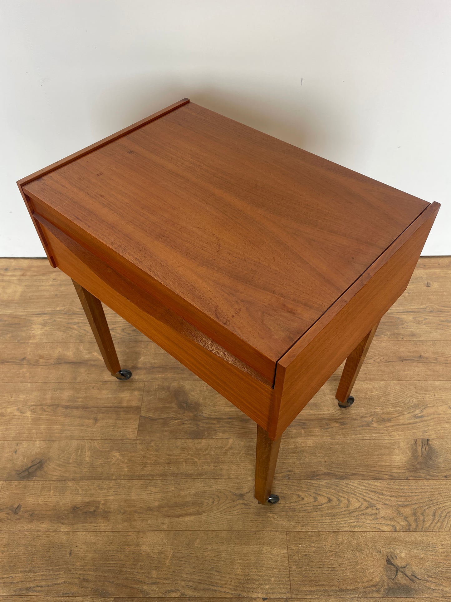 Mid-Century German Wooden Sewing & Craft Box on Wheels
