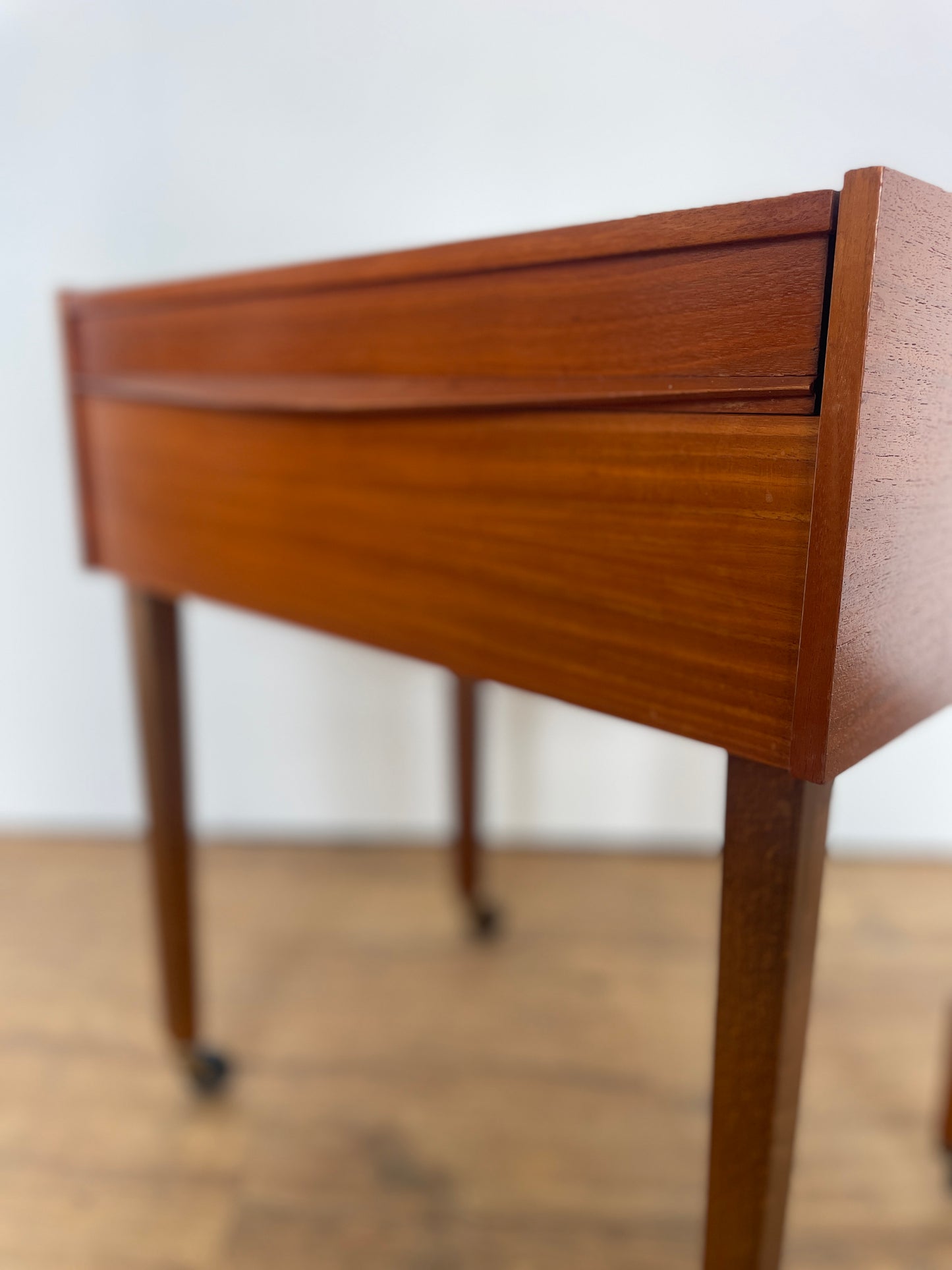 Mid-Century German Wooden Sewing & Craft Box on Wheels