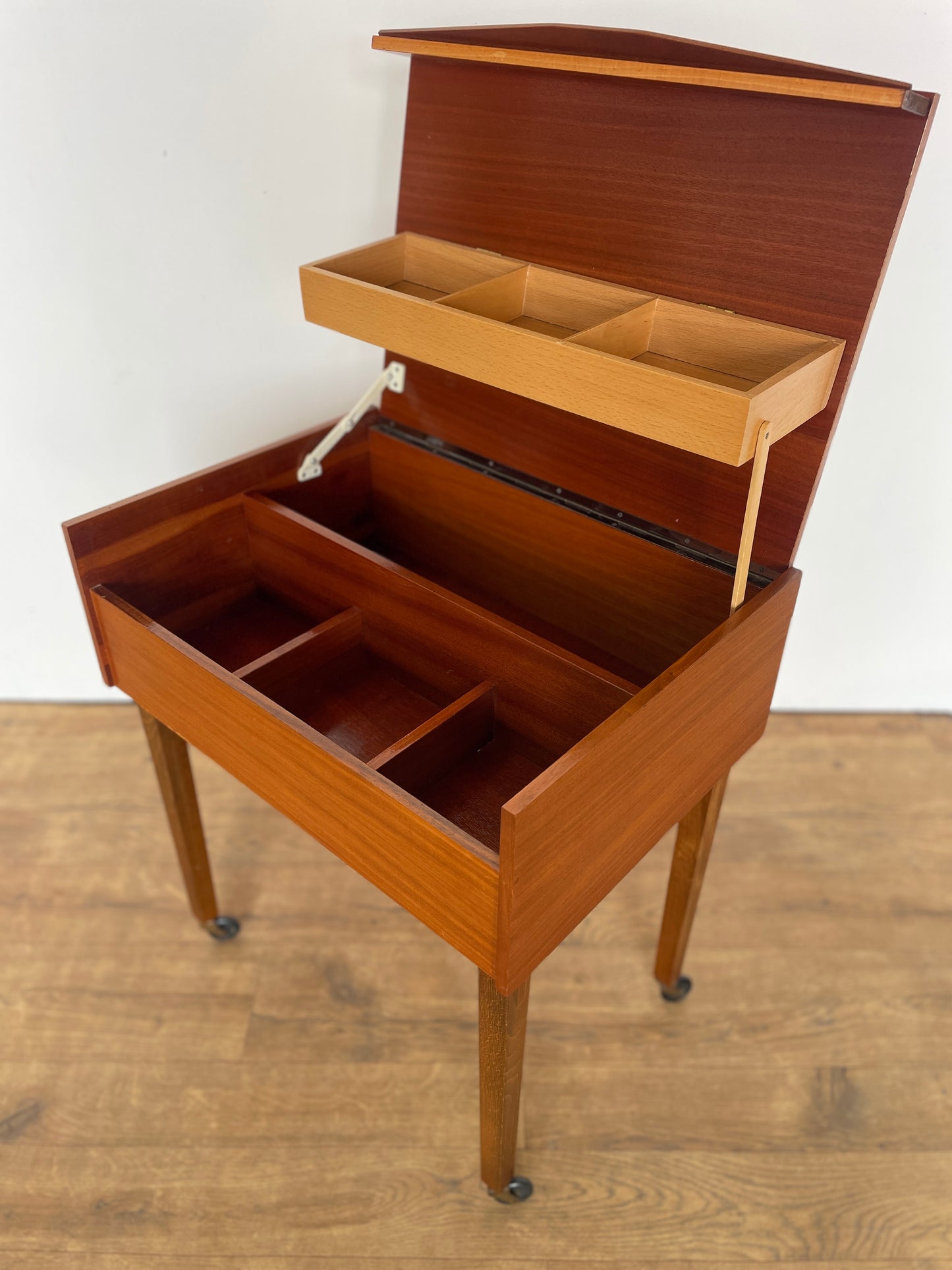 Mid-Century German Wooden Sewing & Craft Box on Wheels