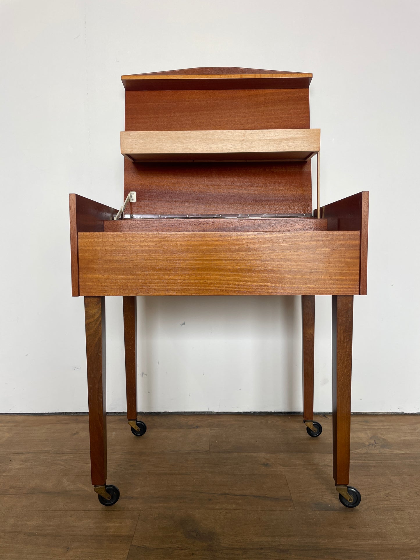 Mid-Century German Wooden Sewing & Craft Box on Wheels