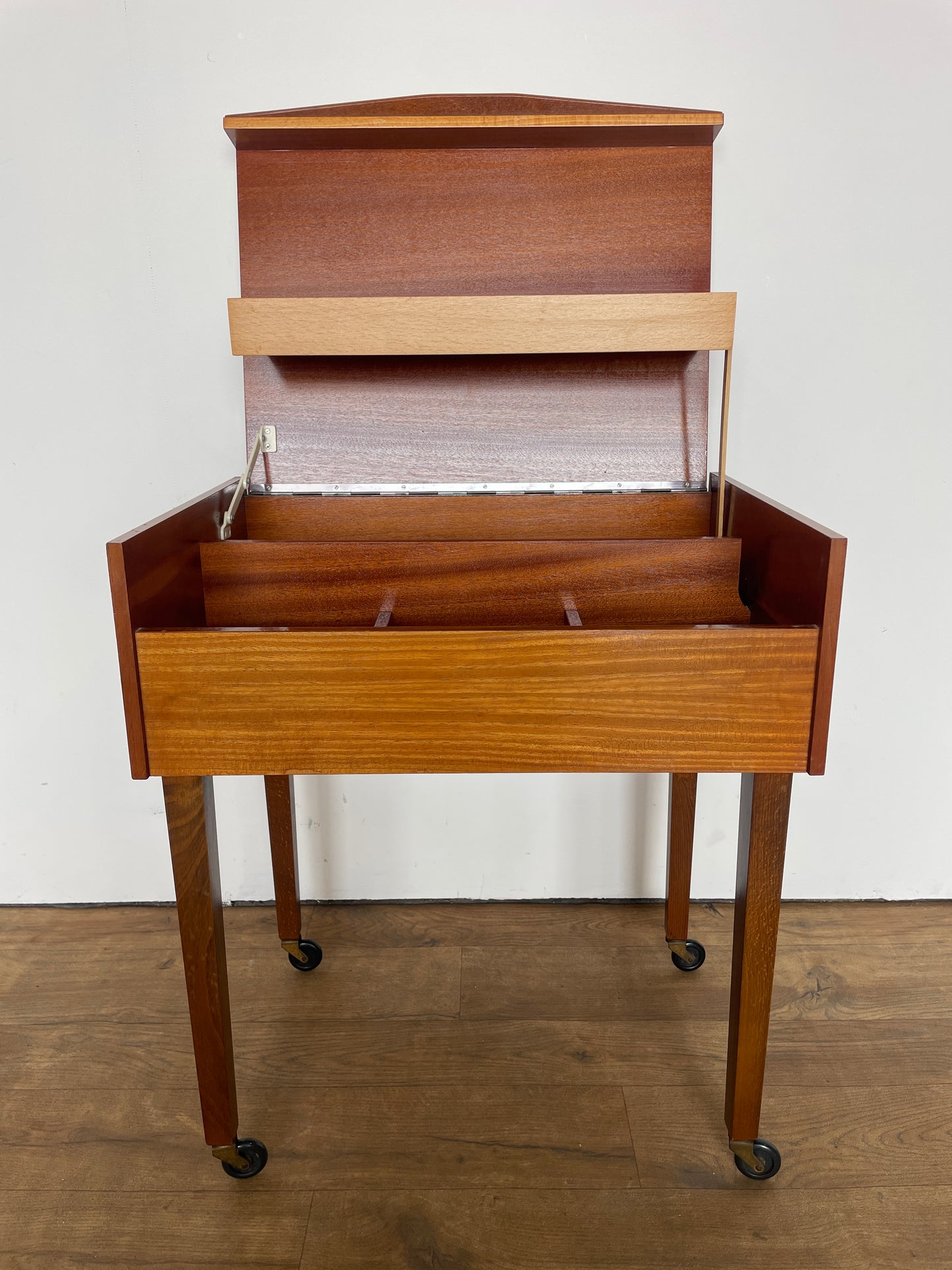 Mid-Century German Wooden Sewing & Craft Box on Wheels