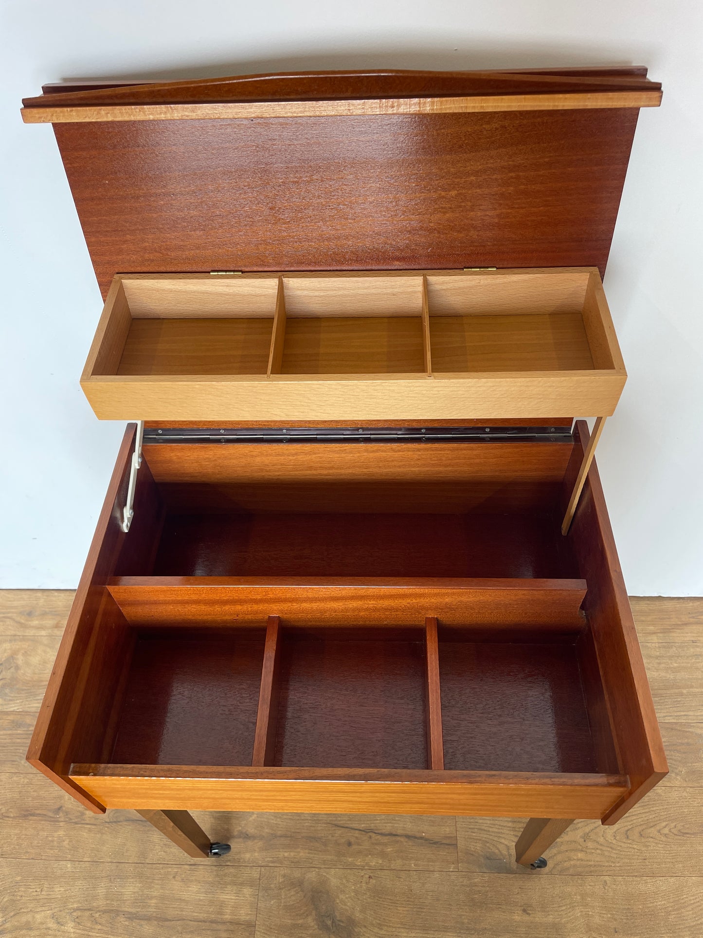 Mid-Century German Wooden Sewing & Craft Box on Wheels
