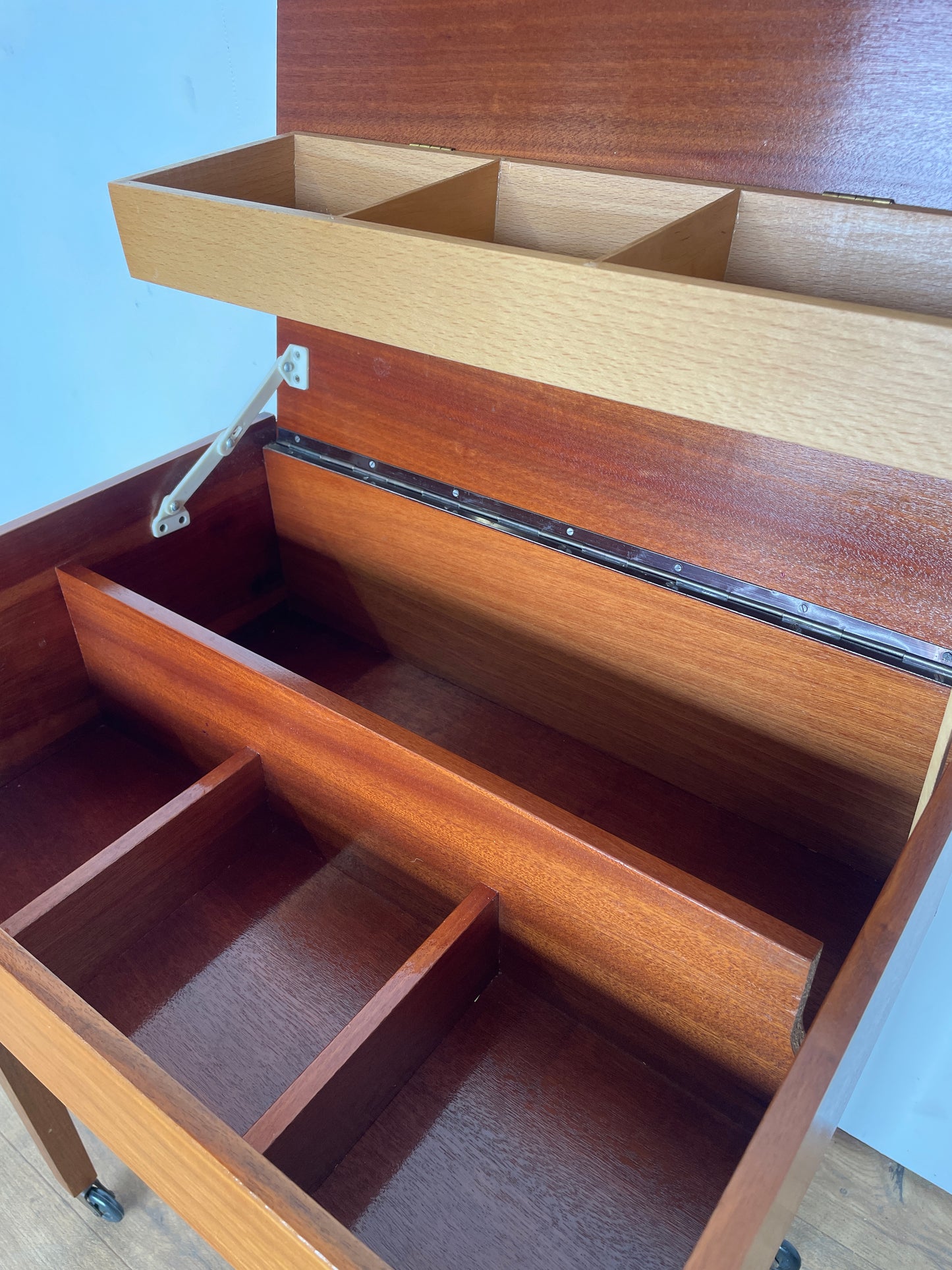 Mid-Century German Wooden Sewing & Craft Box on Wheels