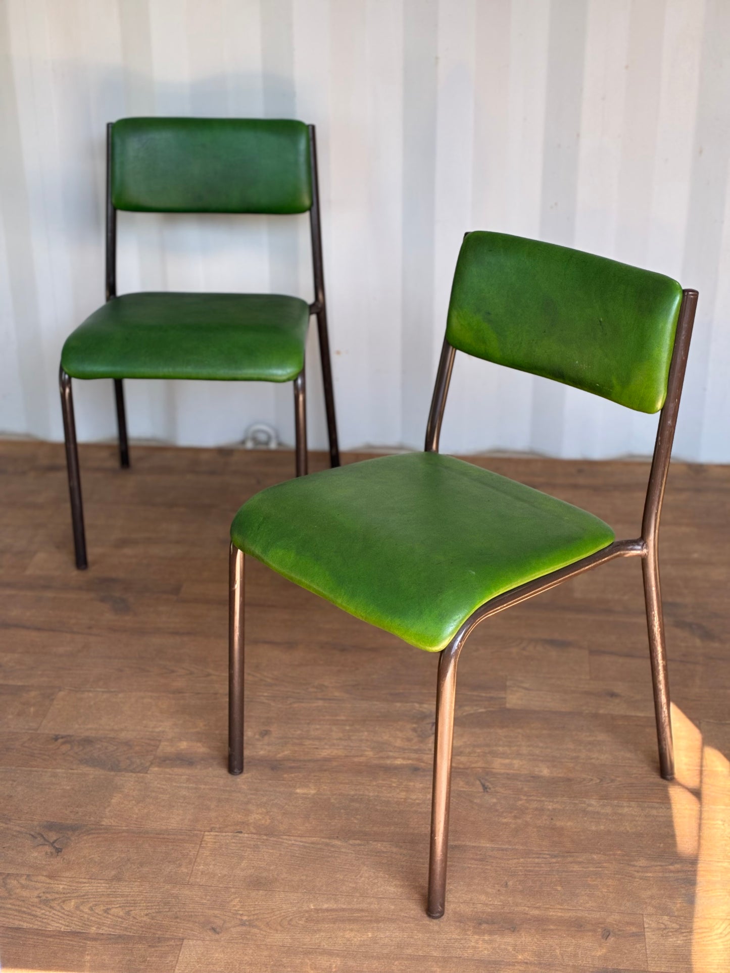 Pair of Vintage Green Metal & Vinyl Chairs | Mid-Century Modern Chairs | Industrial Retro Seating by Remploy