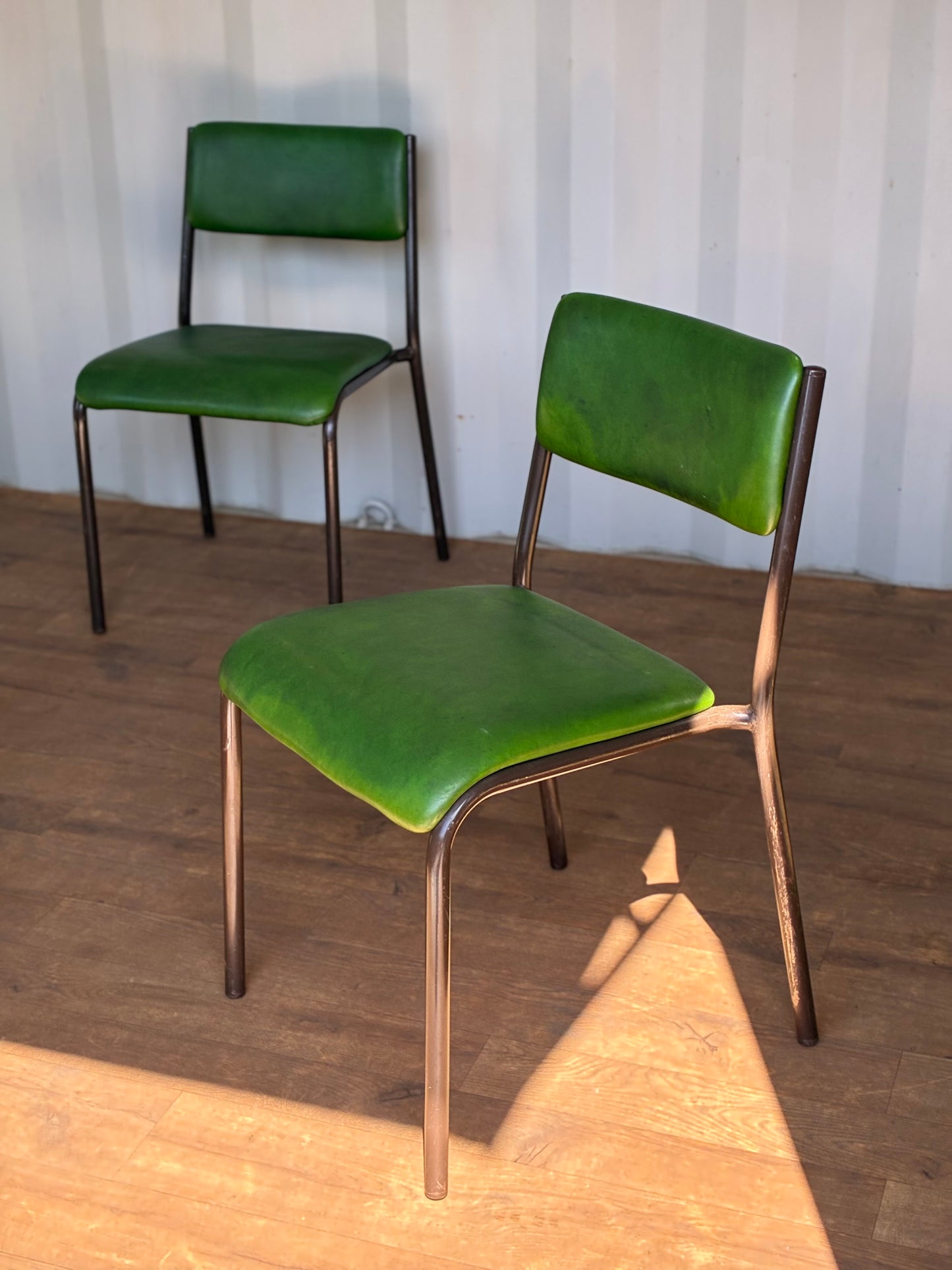 Pair of Vintage Green Metal & Vinyl Chairs | Mid-Century Modern Chairs | Industrial Retro Seating by Remploy