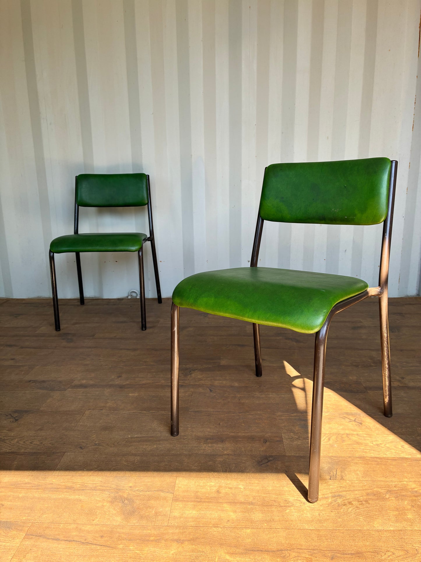 Pair of Vintage Green Metal & Vinyl Chairs | Mid-Century Modern Chairs | Industrial Retro Seating by Remploy