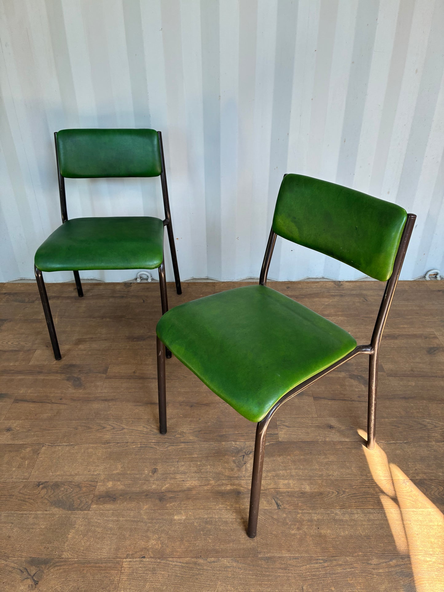 Pair of Vintage Green Metal & Vinyl Chairs | Mid-Century Modern Chairs | Industrial Retro Seating by Remploy