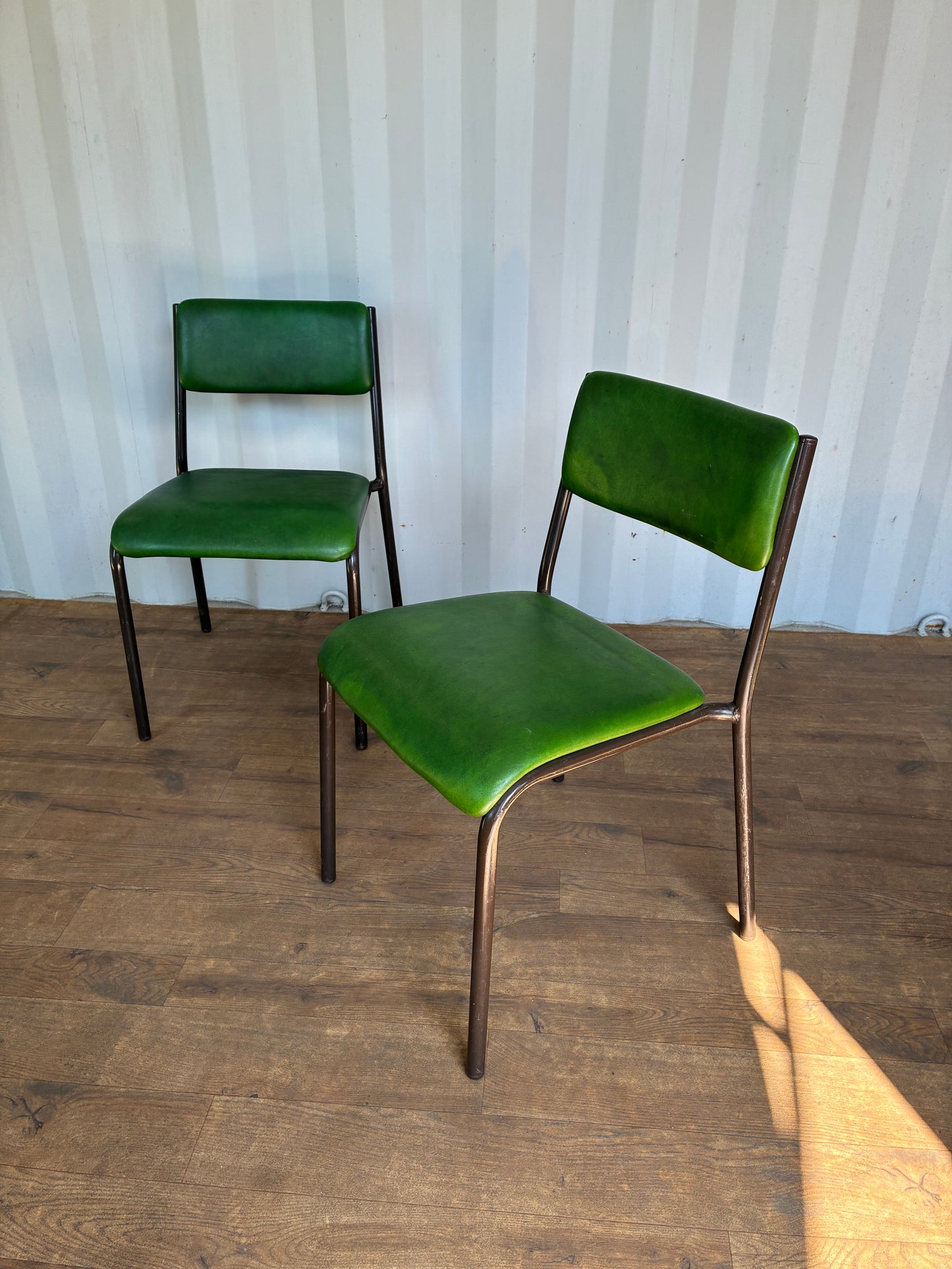 Pair of Vintage Green Metal & Vinyl Chairs | Mid-Century Modern Chairs | Industrial Retro Seating by Remploy