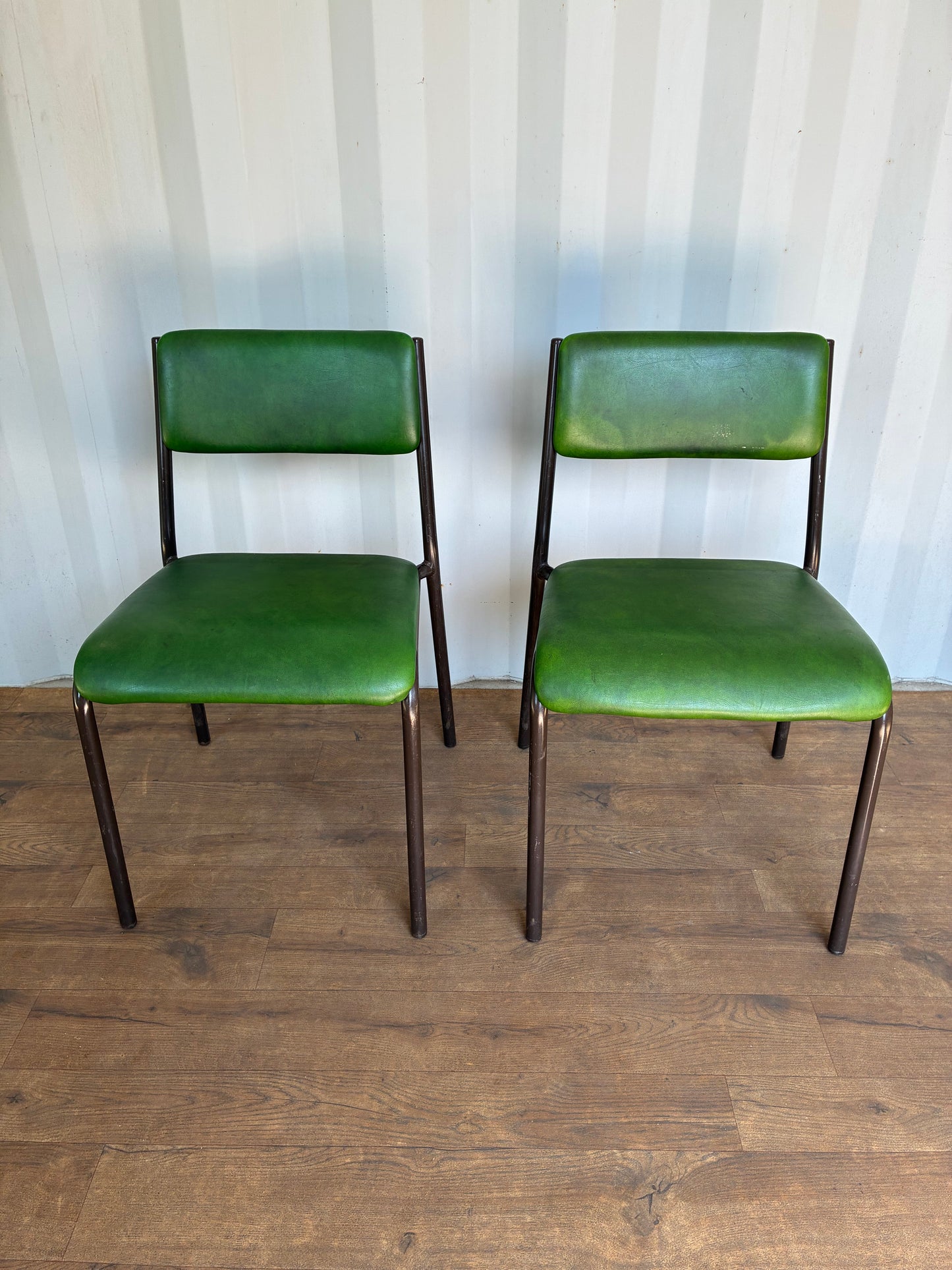 Pair of Vintage Green Metal & Vinyl Chairs | Mid-Century Modern Chairs | Industrial Retro Seating by Remploy