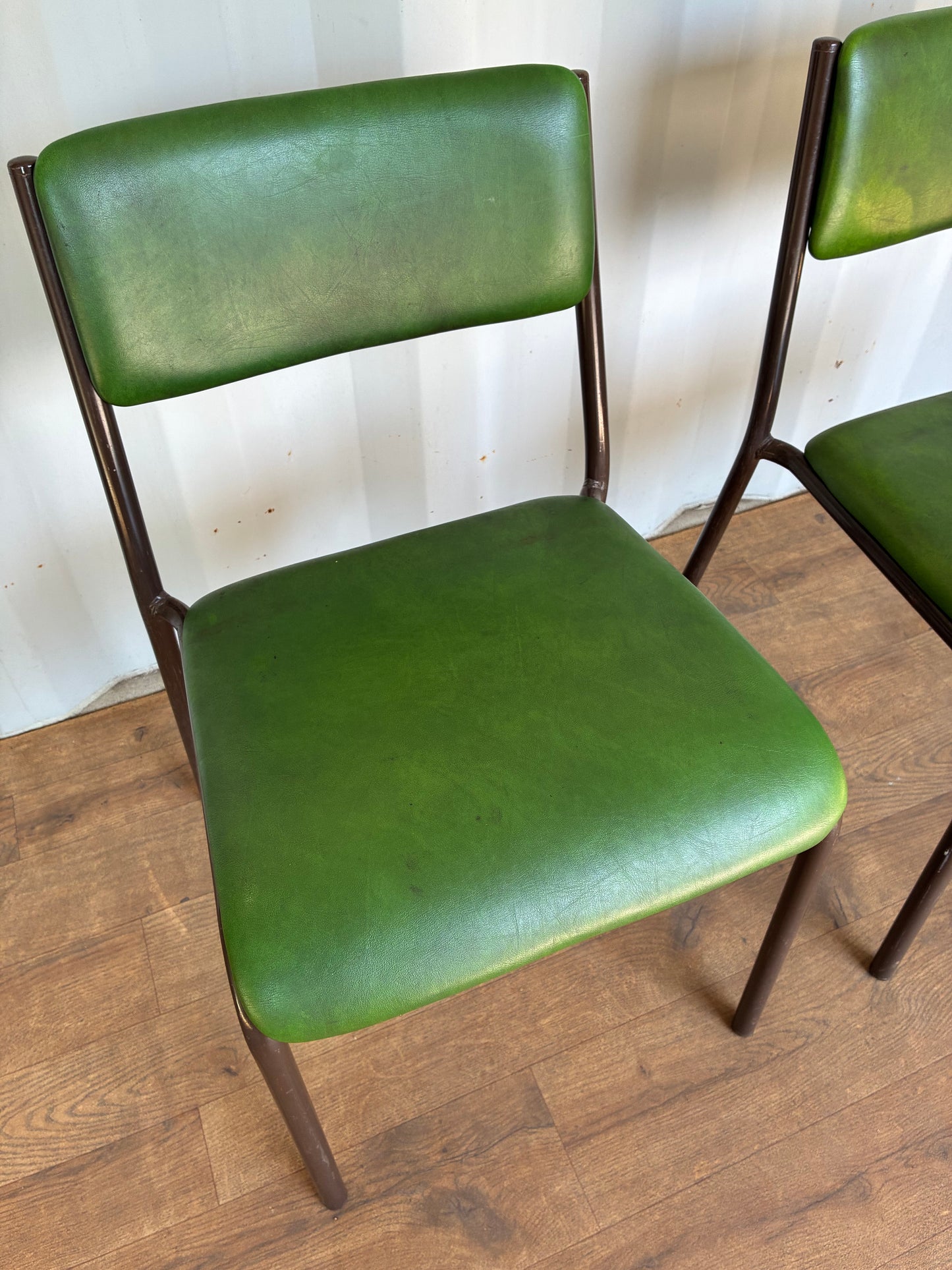 Pair of Vintage Green Metal & Vinyl Chairs | Mid-Century Modern Chairs | Industrial Retro Seating by Remploy