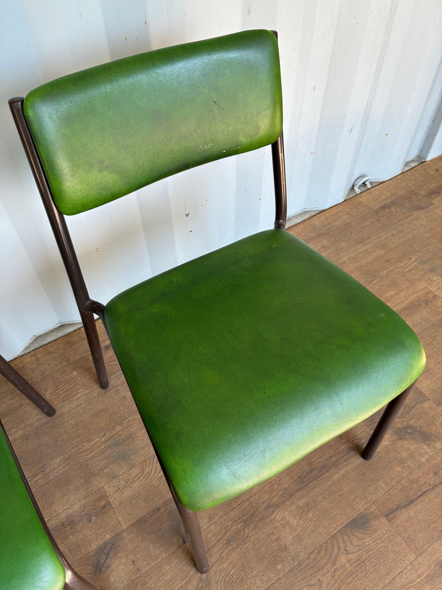 Pair of Vintage Green Metal & Vinyl Chairs | Mid-Century Modern Chairs | Industrial Retro Seating by Remploy