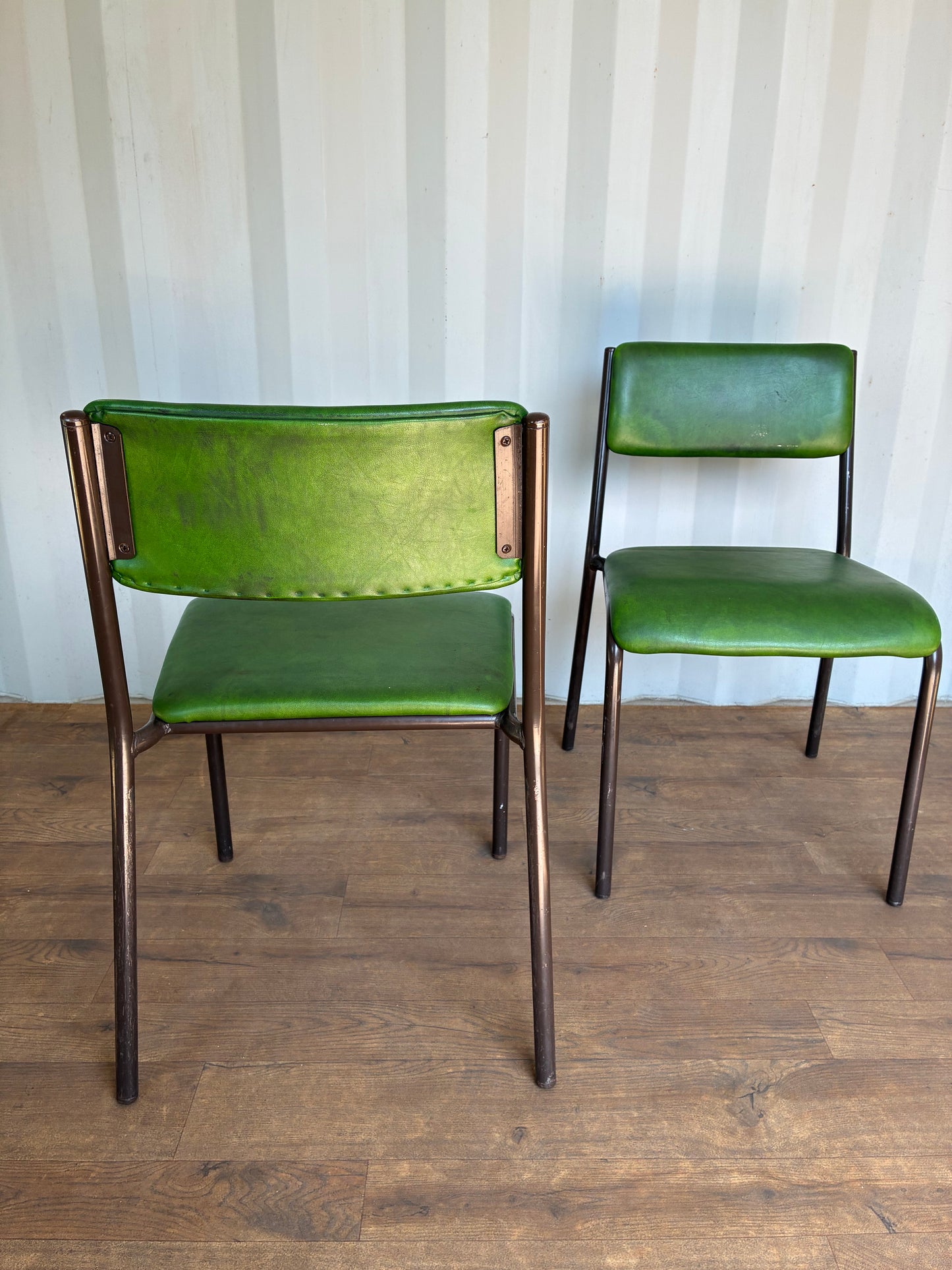 Pair of Vintage Green Metal & Vinyl Chairs | Mid-Century Modern Chairs | Industrial Retro Seating by Remploy