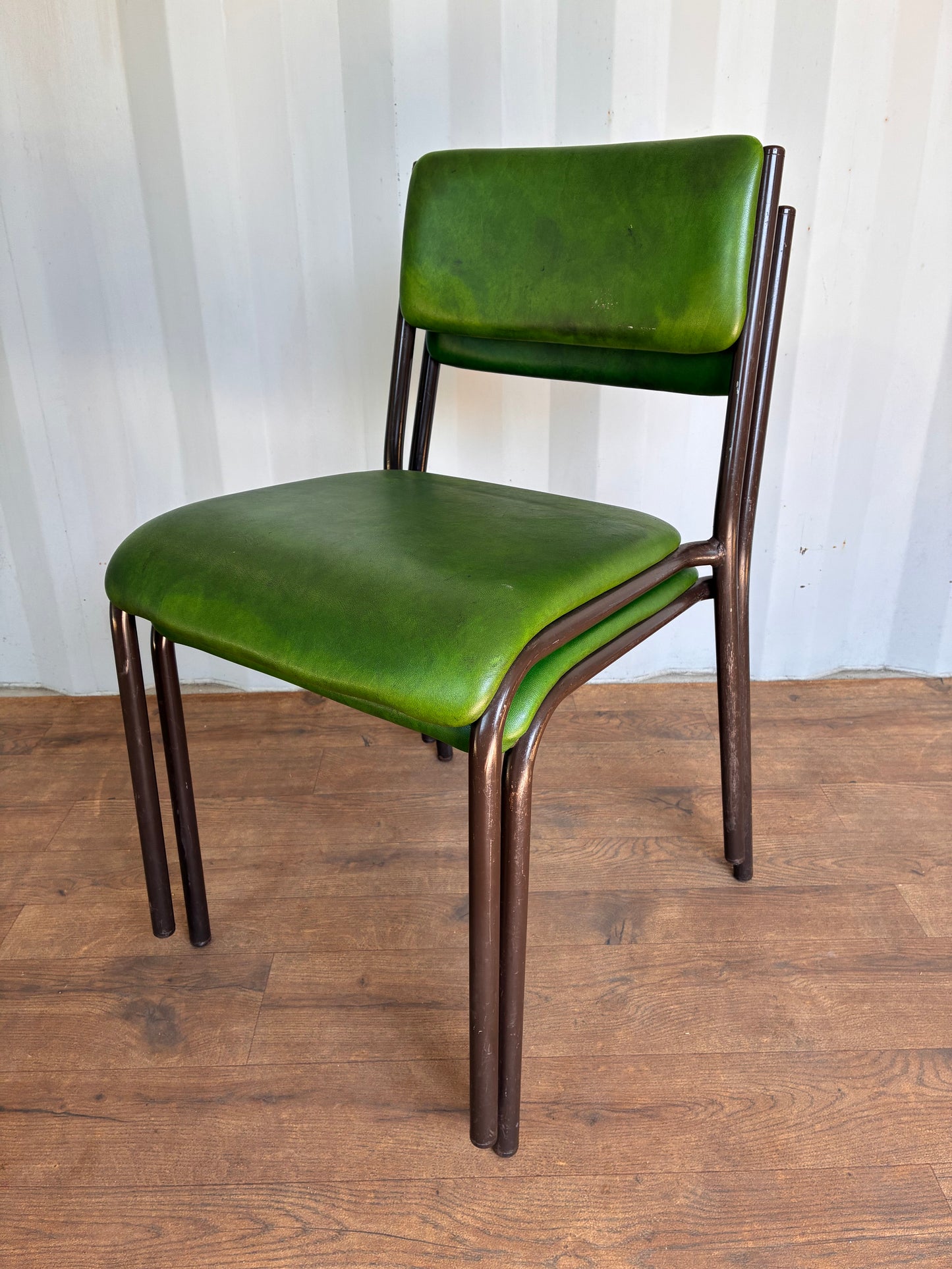 Pair of Vintage Green Metal & Vinyl Chairs | Mid-Century Modern Chairs | Industrial Retro Seating by Remploy
