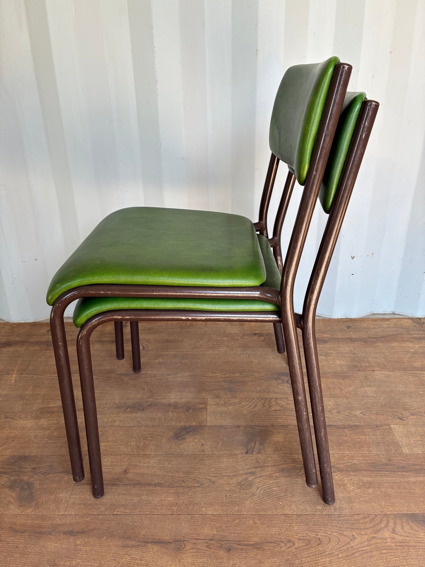 Pair of Vintage Green Metal & Vinyl Chairs | Mid-Century Modern Chairs | Industrial Retro Seating by Remploy