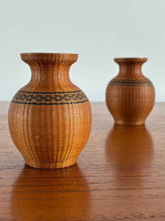 Pair of Vintage Porcelain & Woven Bamboo Bud Vases | Mid-Century Decorative Mini Vases | Handwoven Rattan Ceramic Posy Vases