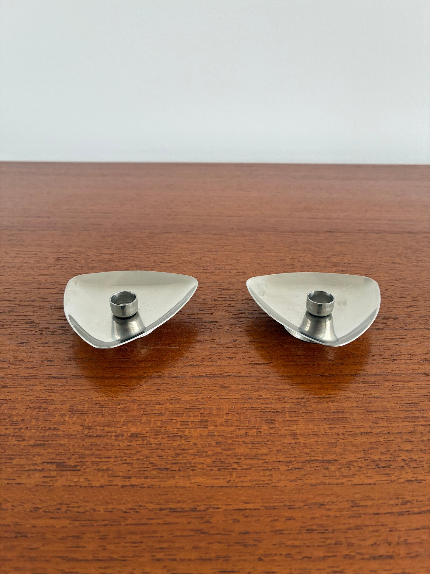 Pair of Vintage Lundtofte Danish Stainless Steel Candle Holders | Mid-Century Modern Scandinavian Design