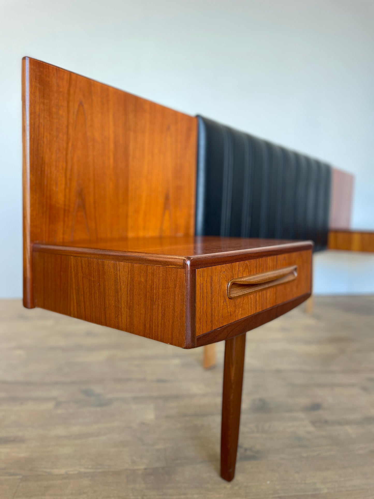 Mid-Century Teak & Black Vinyl G Plan Fresco King Headboard with Built-In Bedside Cabinets