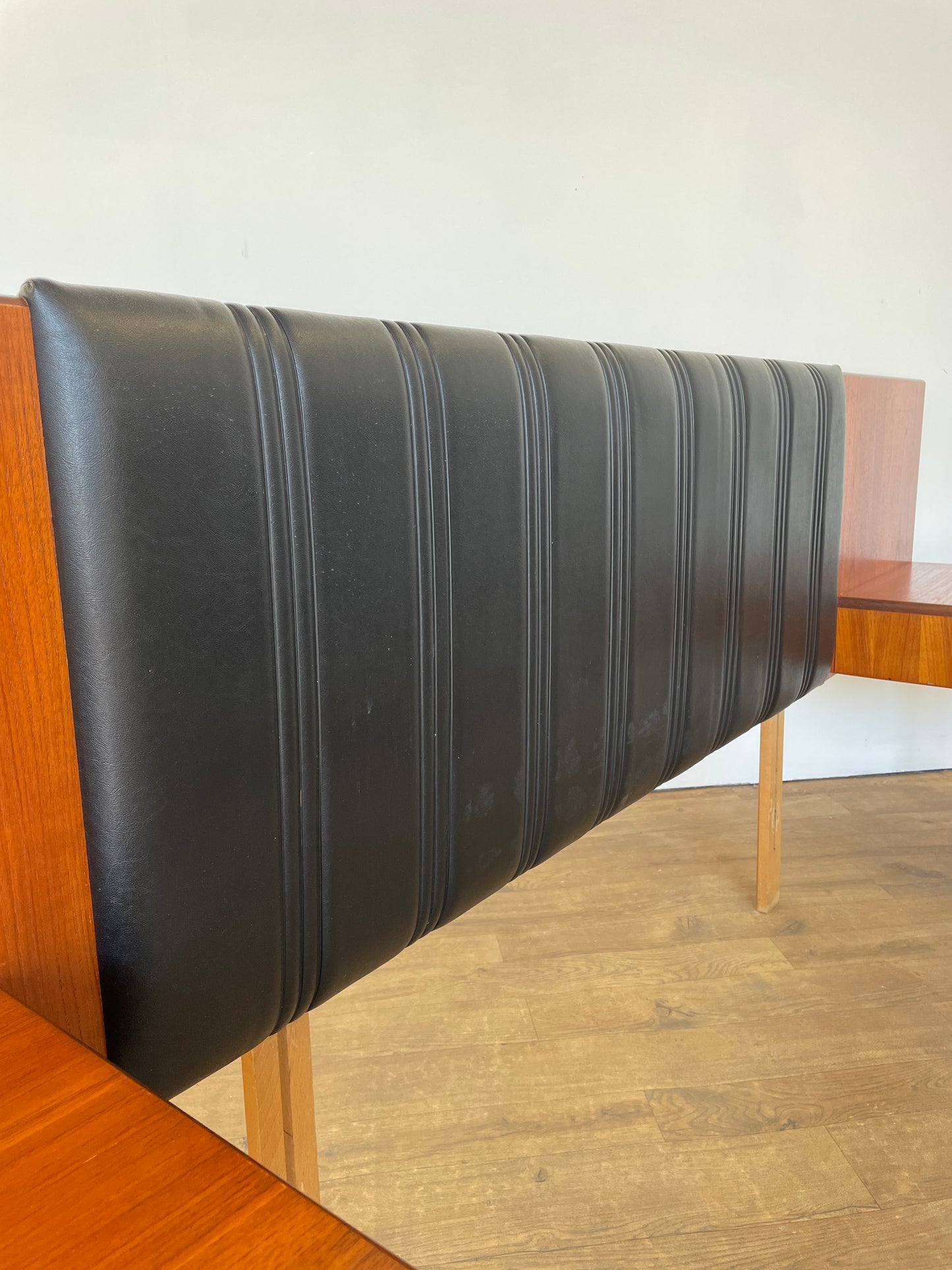 Mid-Century Teak & Black Vinyl G Plan Fresco King Headboard with Built-In Bedside Cabinets