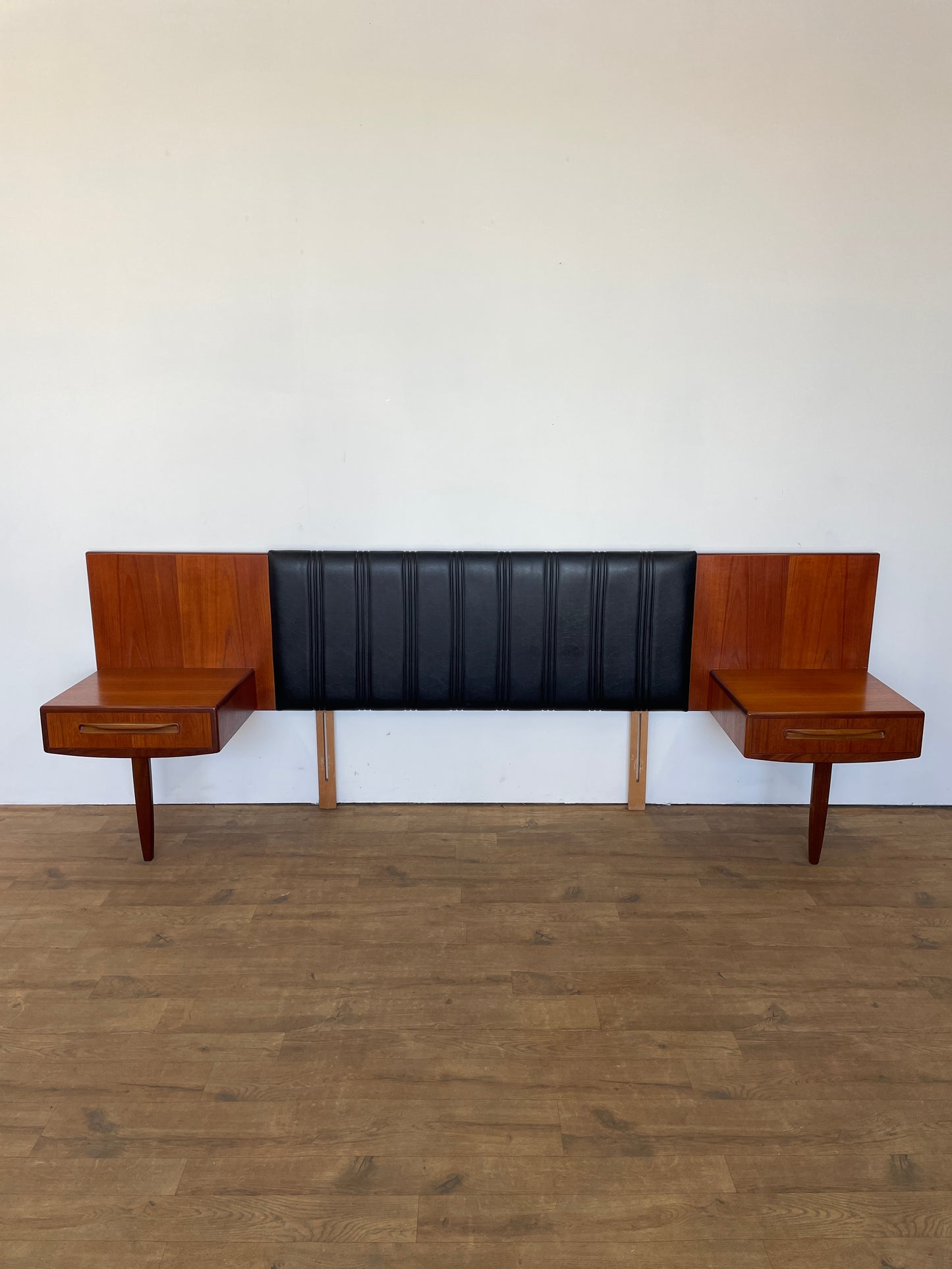 Mid-Century Teak & Black Vinyl G Plan Fresco King Headboard with Built-In Bedside Cabinets