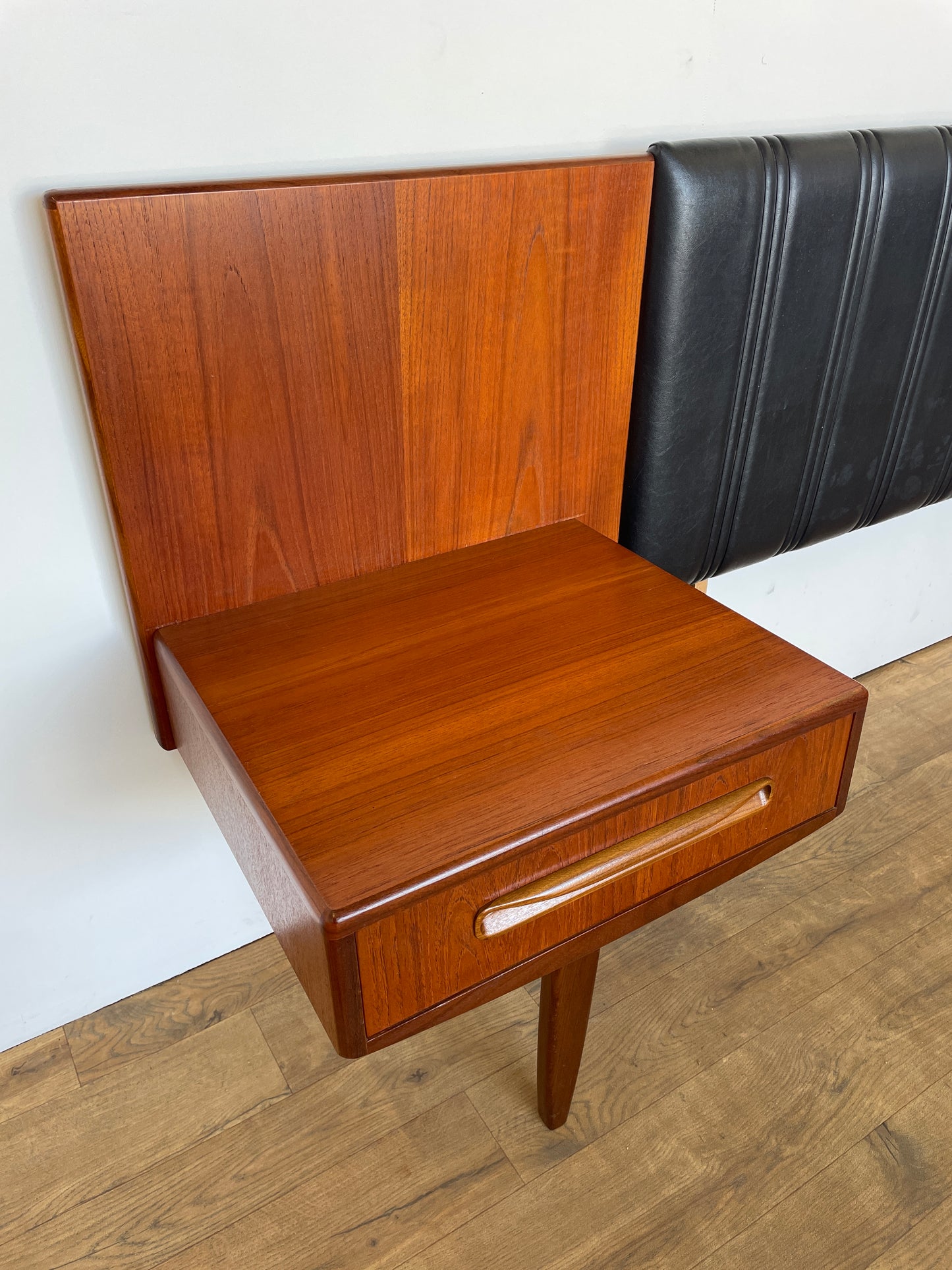 Mid-Century Teak & Black Vinyl G Plan Fresco King Headboard with Built-In Bedside Cabinets