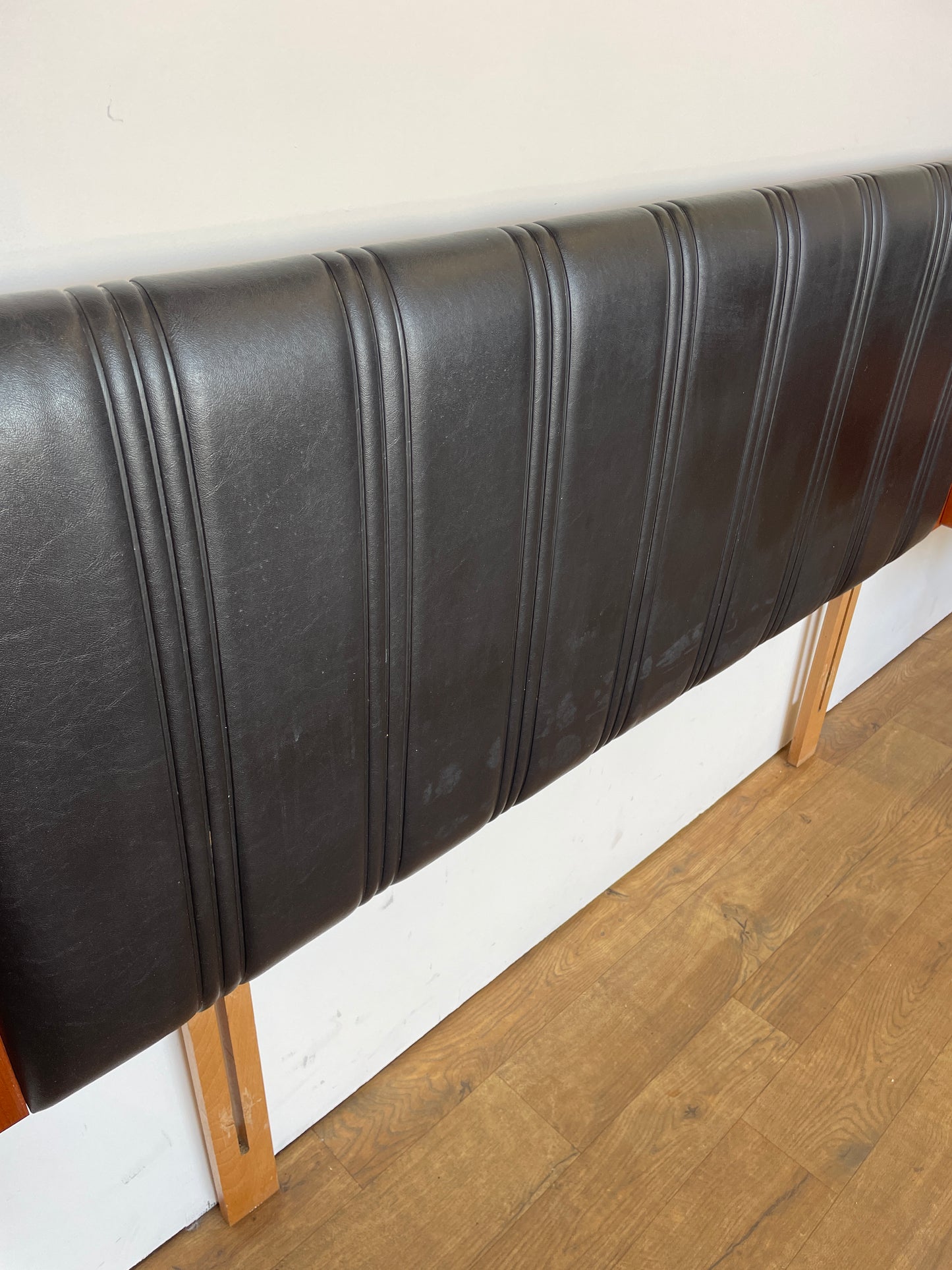 Mid-Century Teak & Black Vinyl G Plan Fresco King Headboard with Built-In Bedside Cabinets