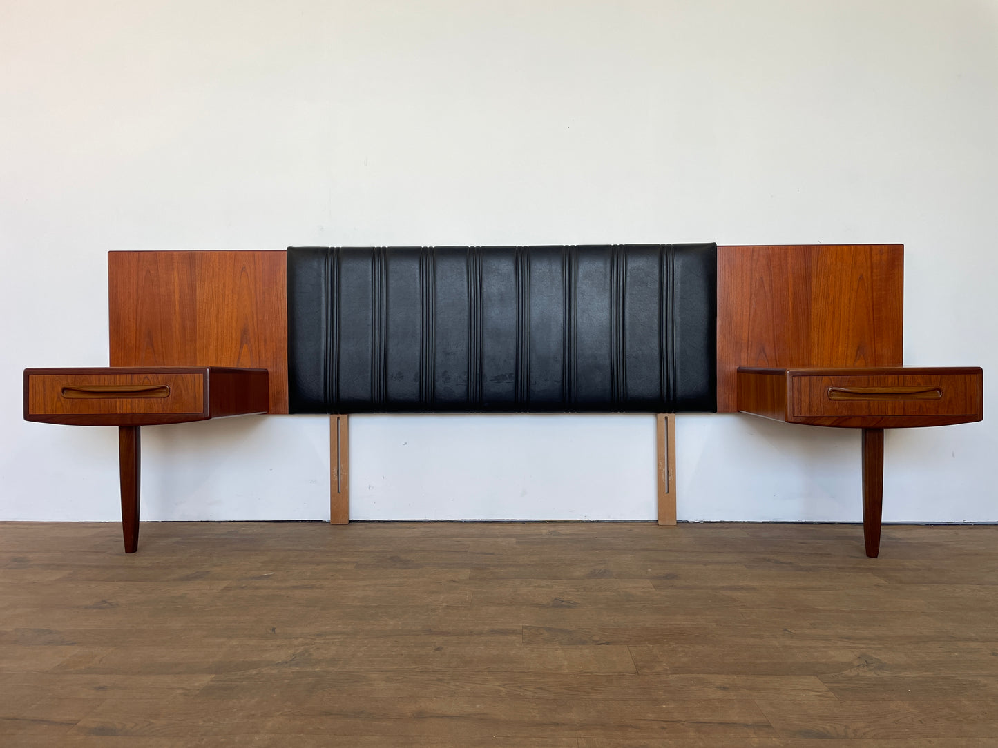 Mid-Century Teak & Black Vinyl G Plan Fresco King Headboard with Built-In Bedside Cabinets