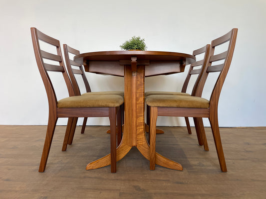 Mid-Century Nathan Teak Extendable Oval Dining Table & 4 Matching Chairs – Vintage Retro Set