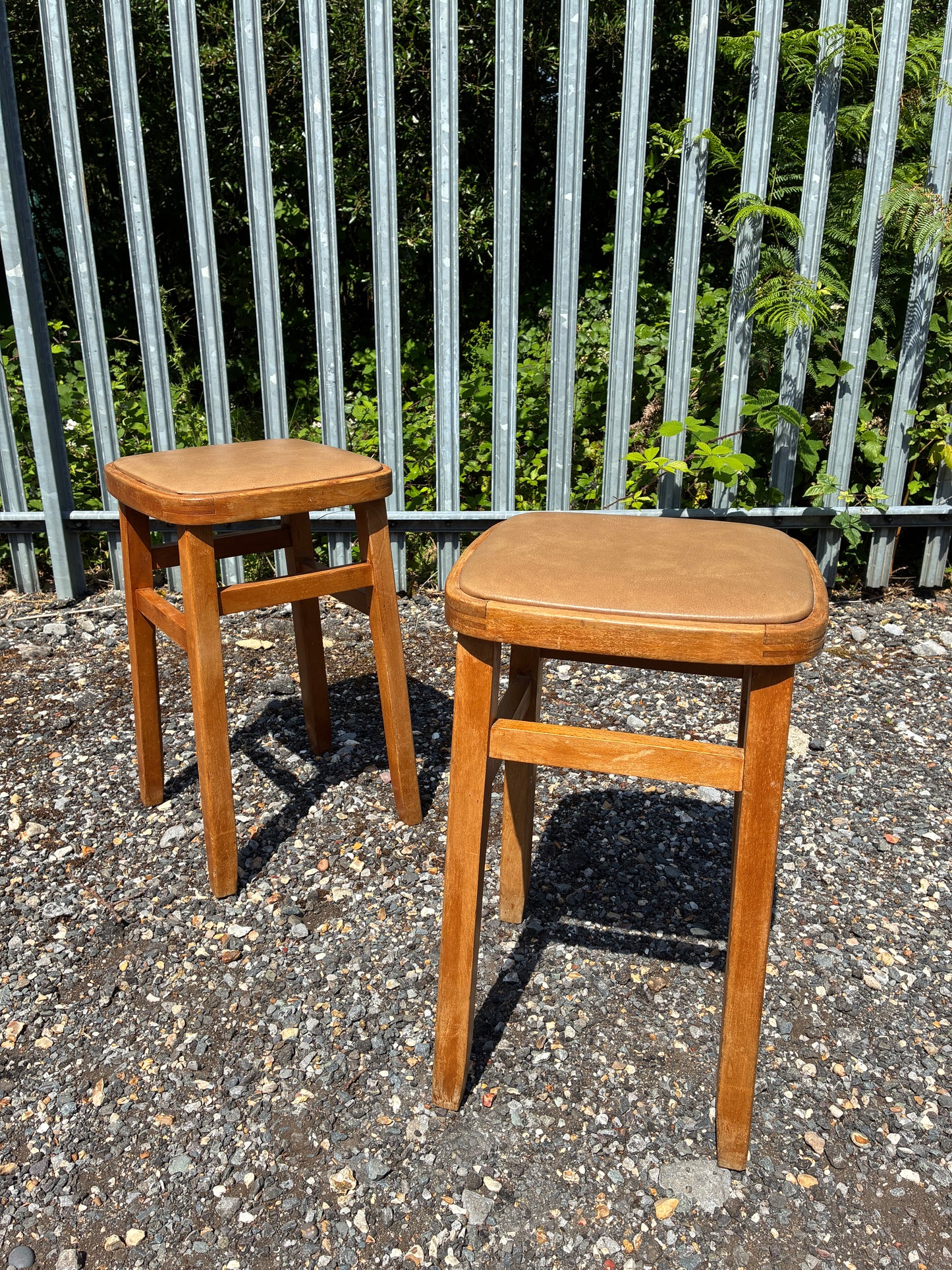 Pair of Vintage Wooden Stools | Retro Upholstered Side Tables / Plant Stands | 1960s Style - Mid-Century