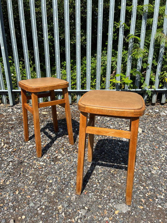 Pair of Vintage Wooden Stools | Retro Upholstered Side Tables / Plant Stands | 1960s Style - Mid-Century