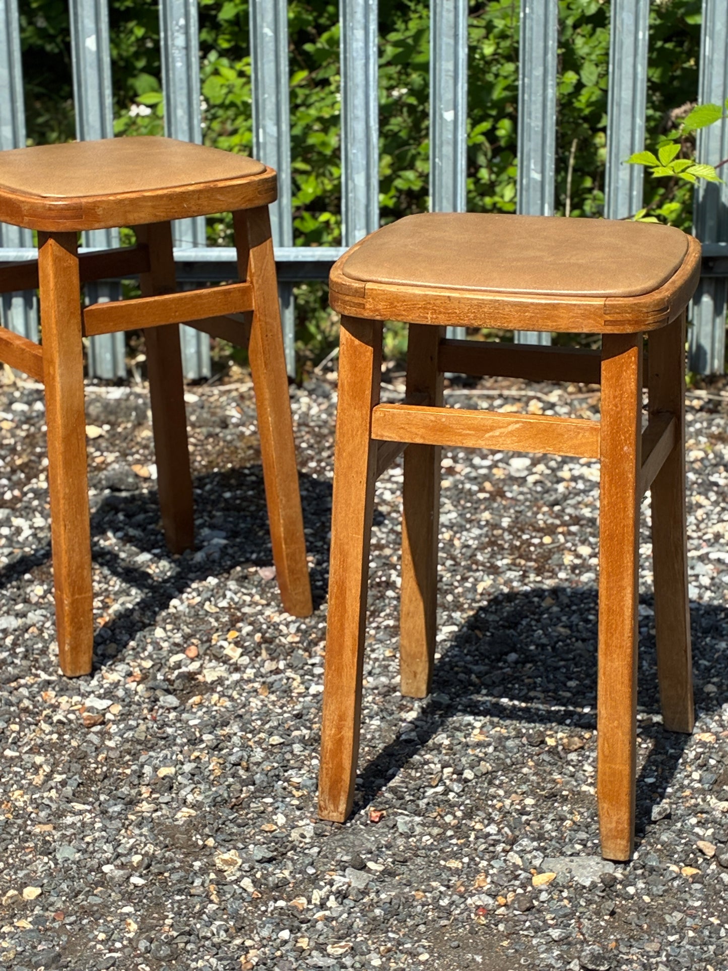 Pair of Vintage Wooden Stools | Retro Upholstered Side Tables / Plant Stands | 1960s Style - Mid-Century