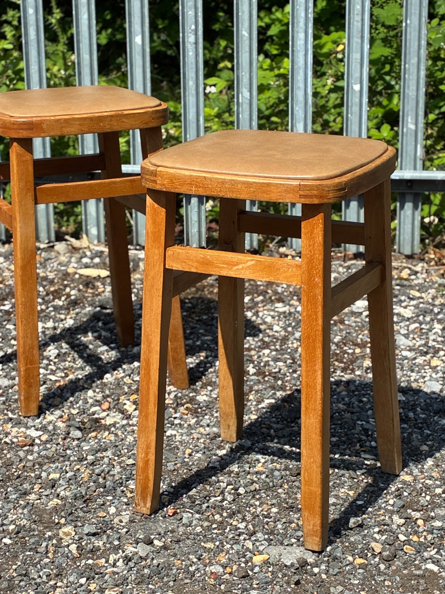 Pair of Vintage Wooden Stools | Retro Upholstered Side Tables / Plant Stands | 1960s Style - Mid-Century