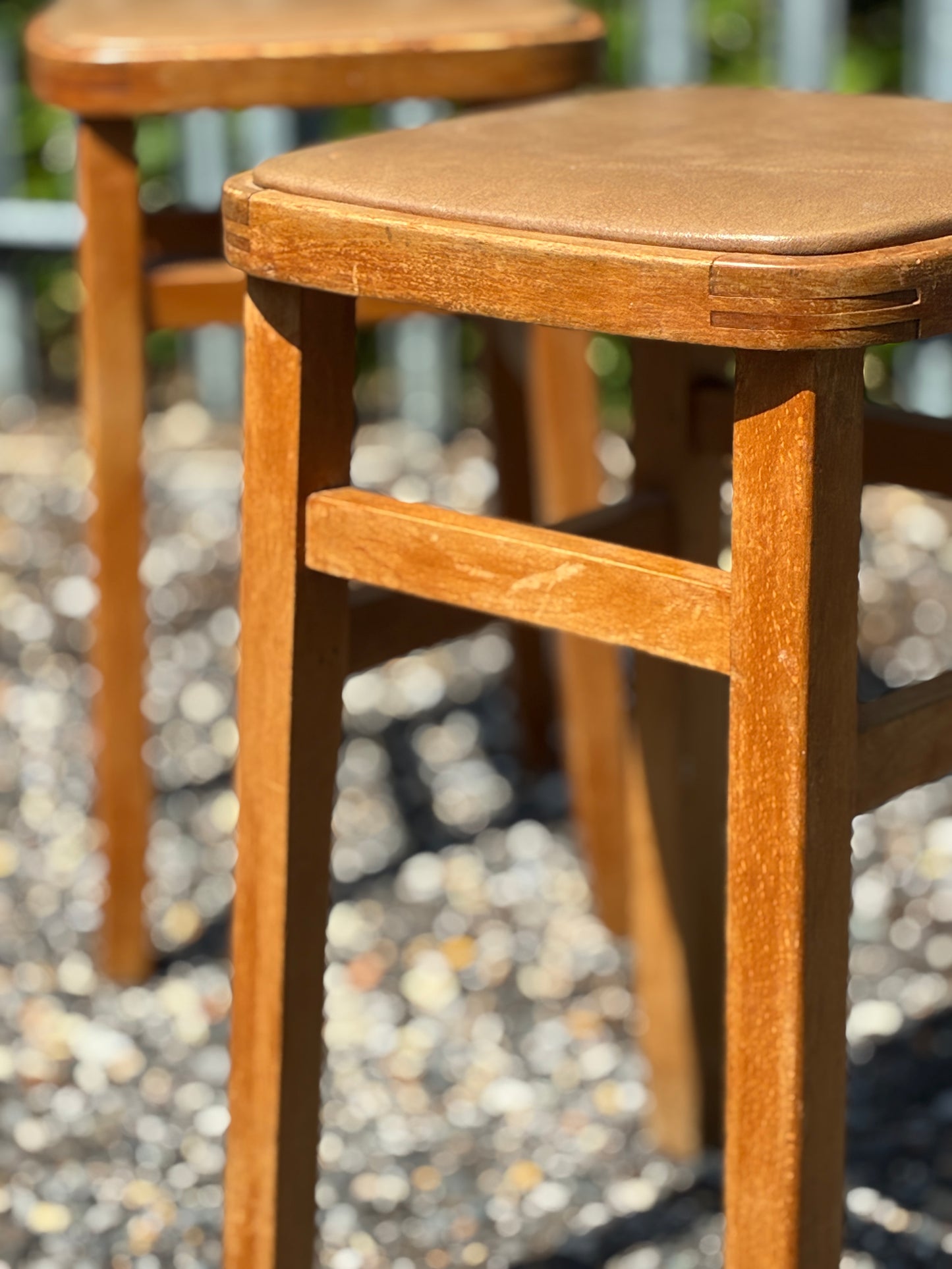 Pair of Vintage Wooden Stools | Retro Upholstered Side Tables / Plant Stands | 1960s Style - Mid-Century