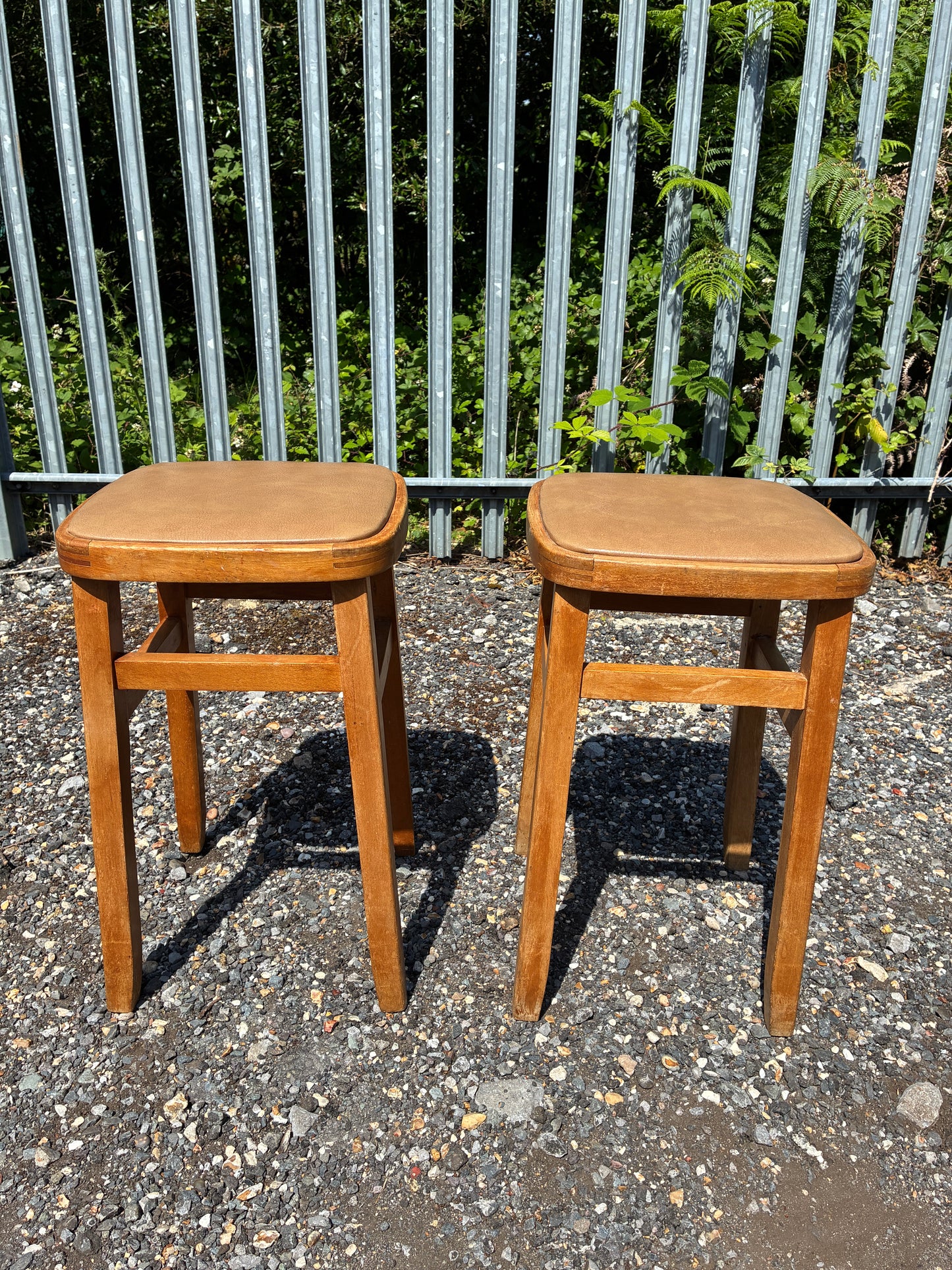 Pair of Vintage Wooden Stools | Retro Upholstered Side Tables / Plant Stands | 1960s Style - Mid-Century